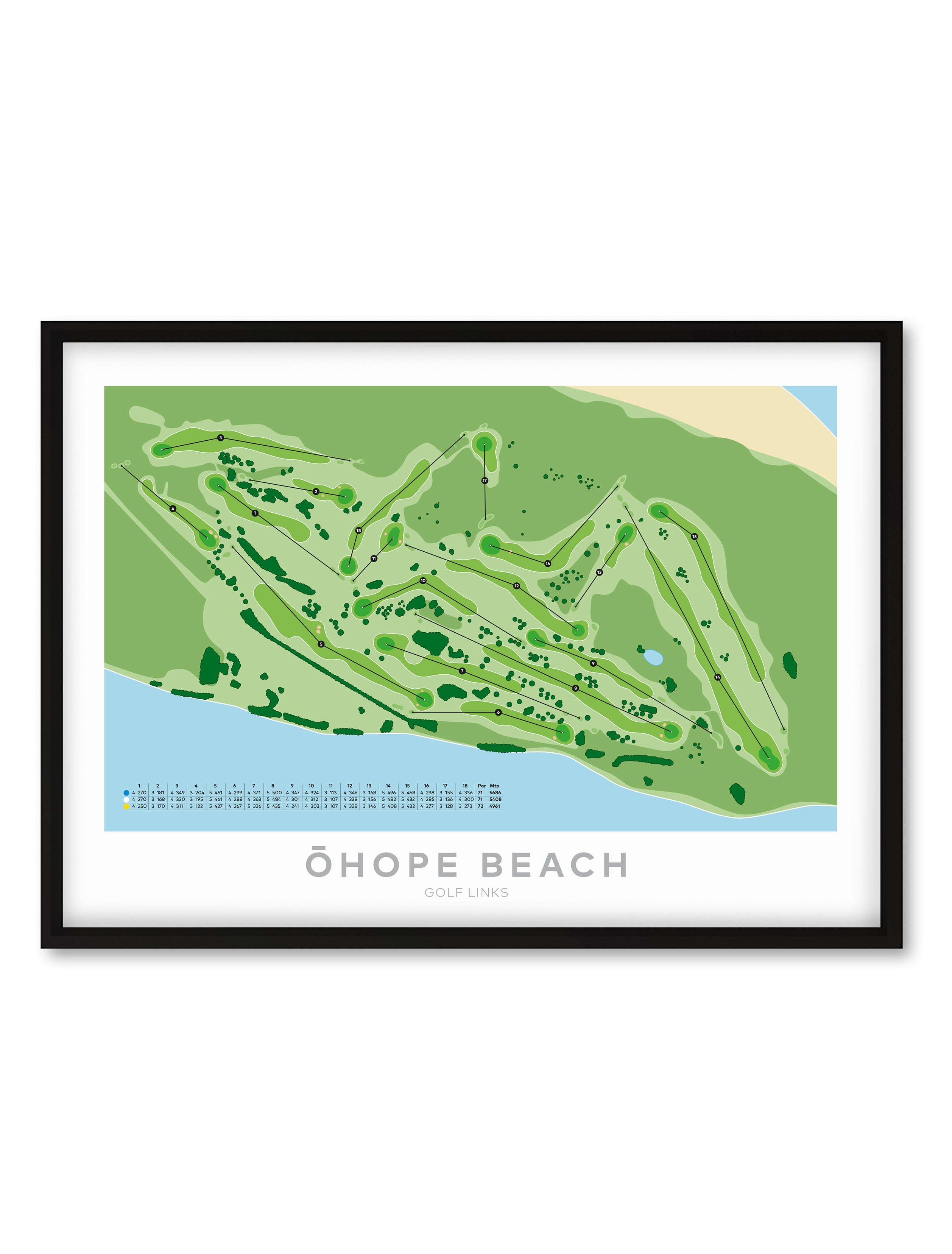 Black Framed Minimalist fine art map of Ohope Beach Golf Course, Bay of Plenty, New Zealand