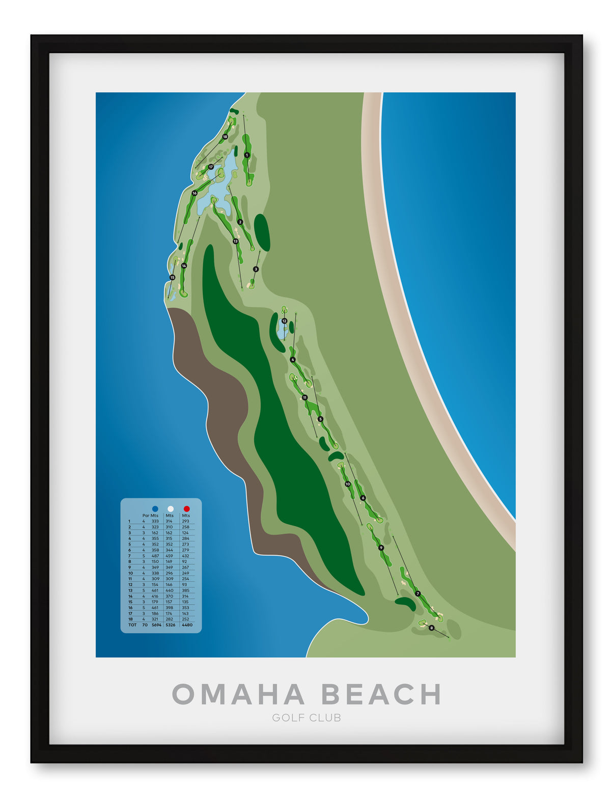 Black framed Minimalist fine art map of Omaha Beach Golf Course, near Auckland, New Zealand