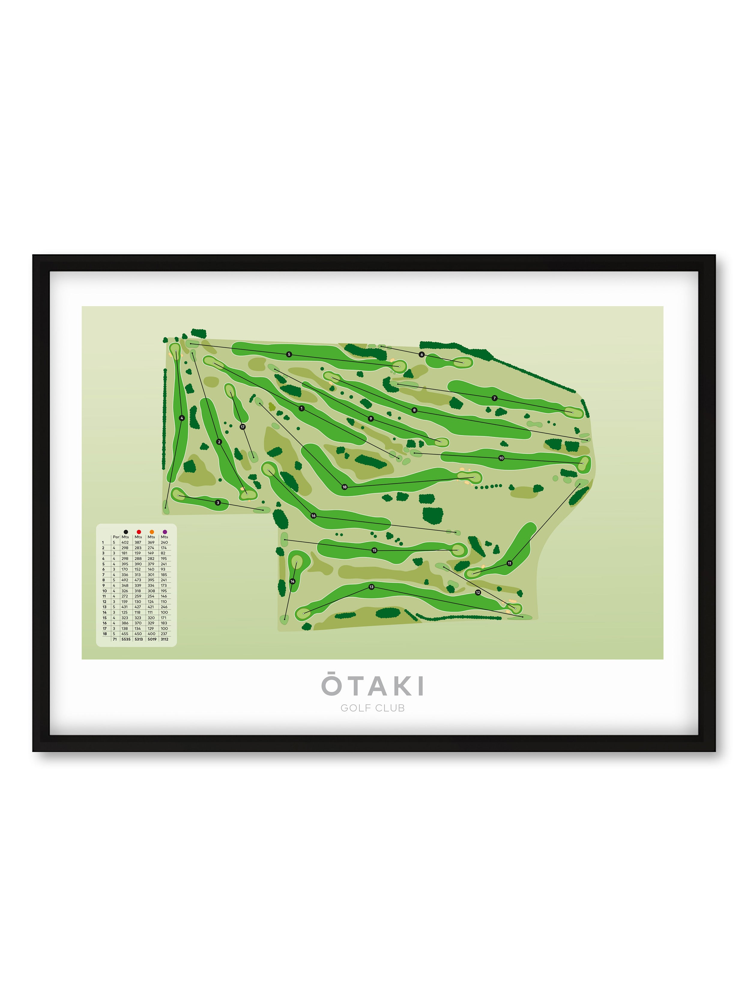 Black framed Minimalist fine art map of Otaki Golf Course, Kapiti, New Zealand