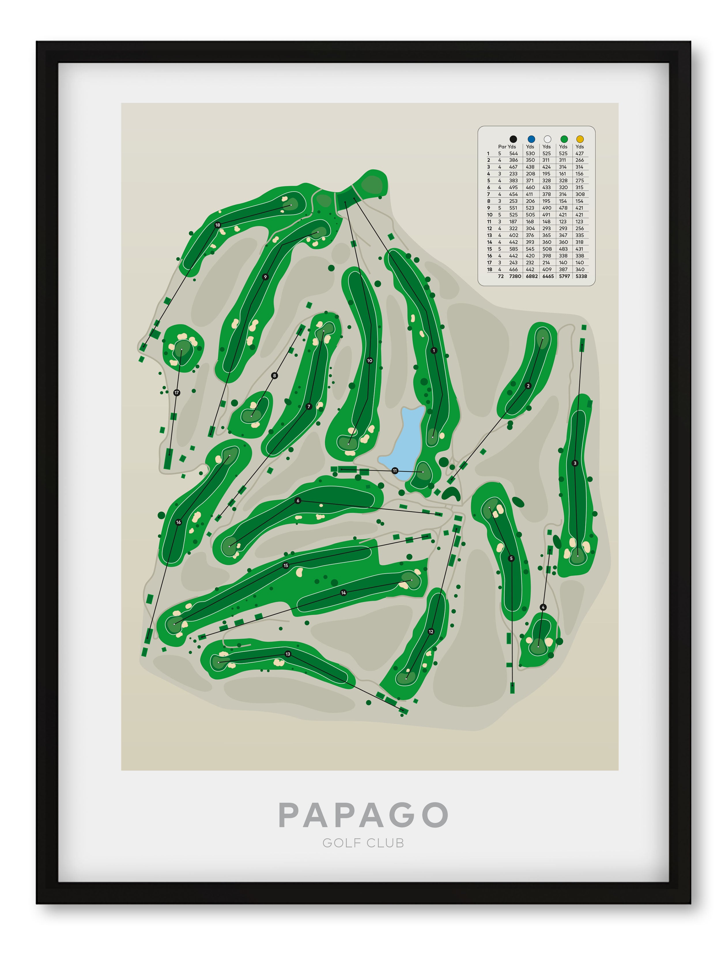 Black framed golf course map print for Papago Golf Club, featuring green fairways and holes on a beige background with a black frame.