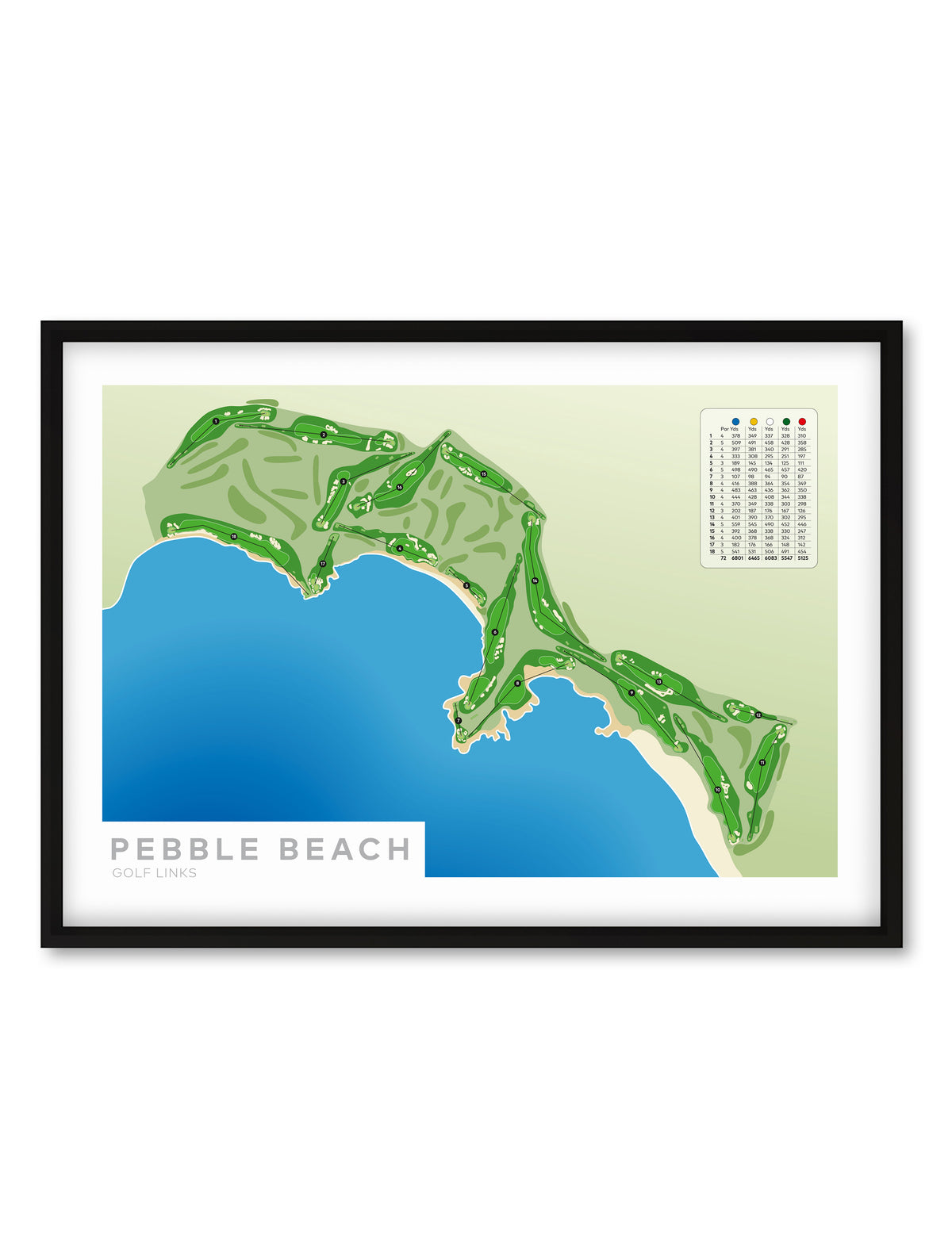 Black Framed Minimalist fine art map of Pebble Beach Golf Course, California, USA