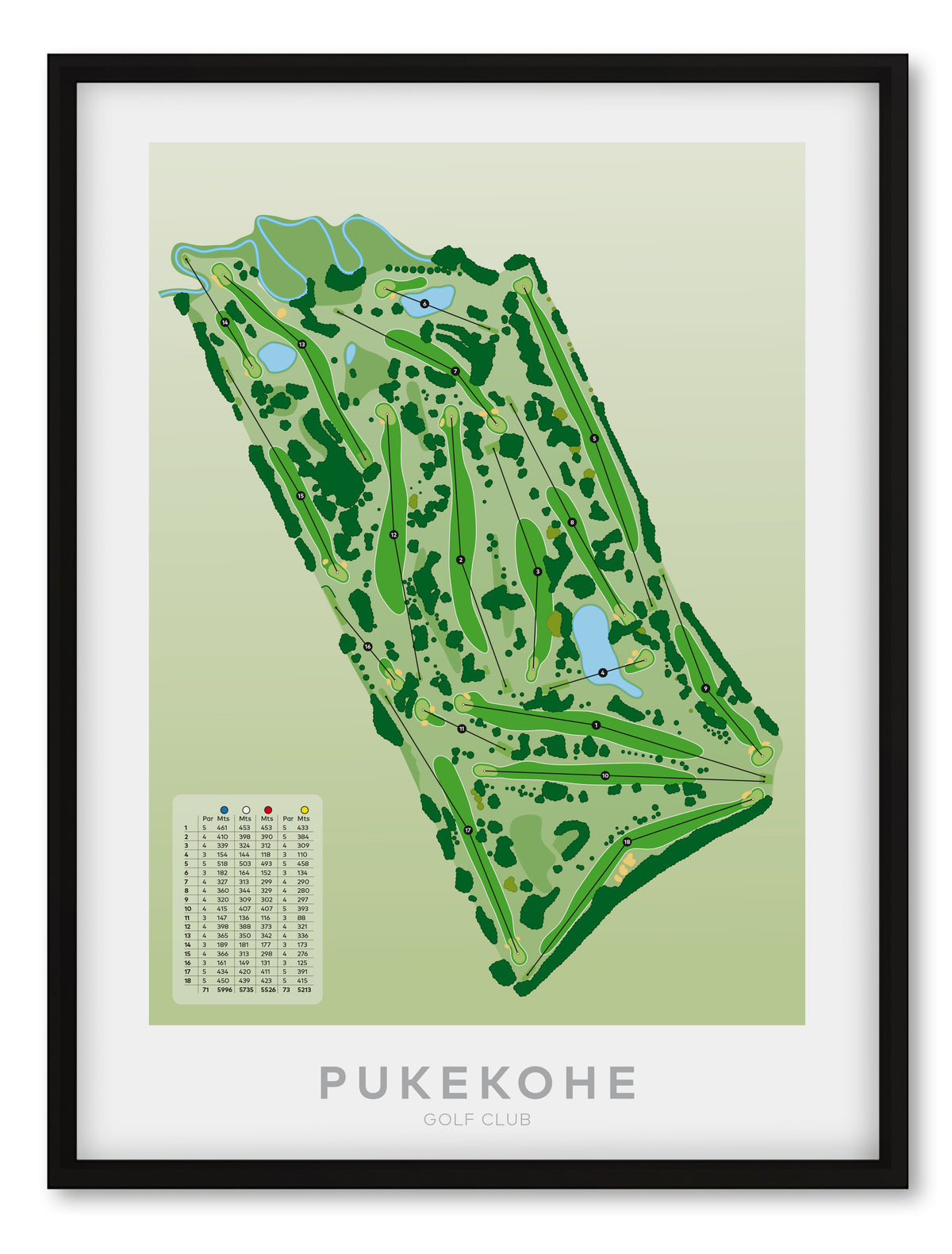 Black framed Minimalist fine art map of Pukekohe Golf Course, South Auckland, New Zealand