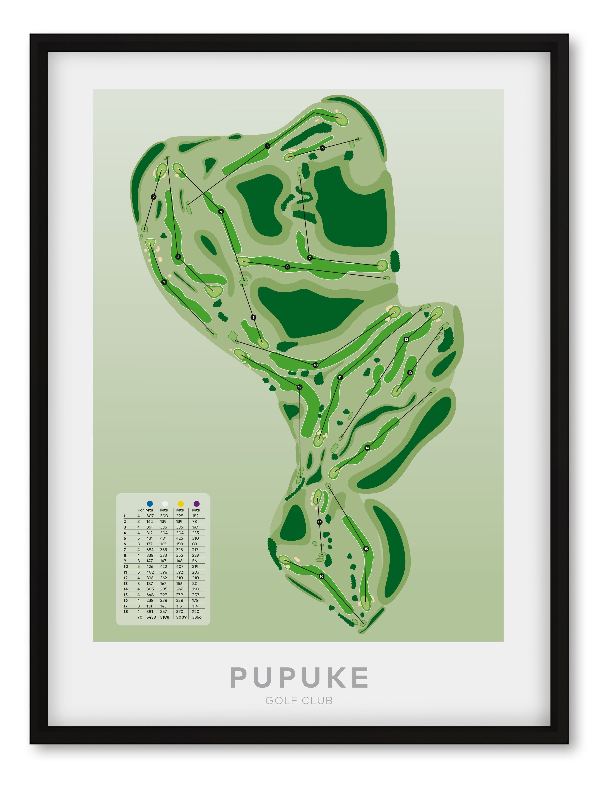 Black framed Minimalist fine art map of Pupuke Golf Course, North Shore, Auckland, New Zealand