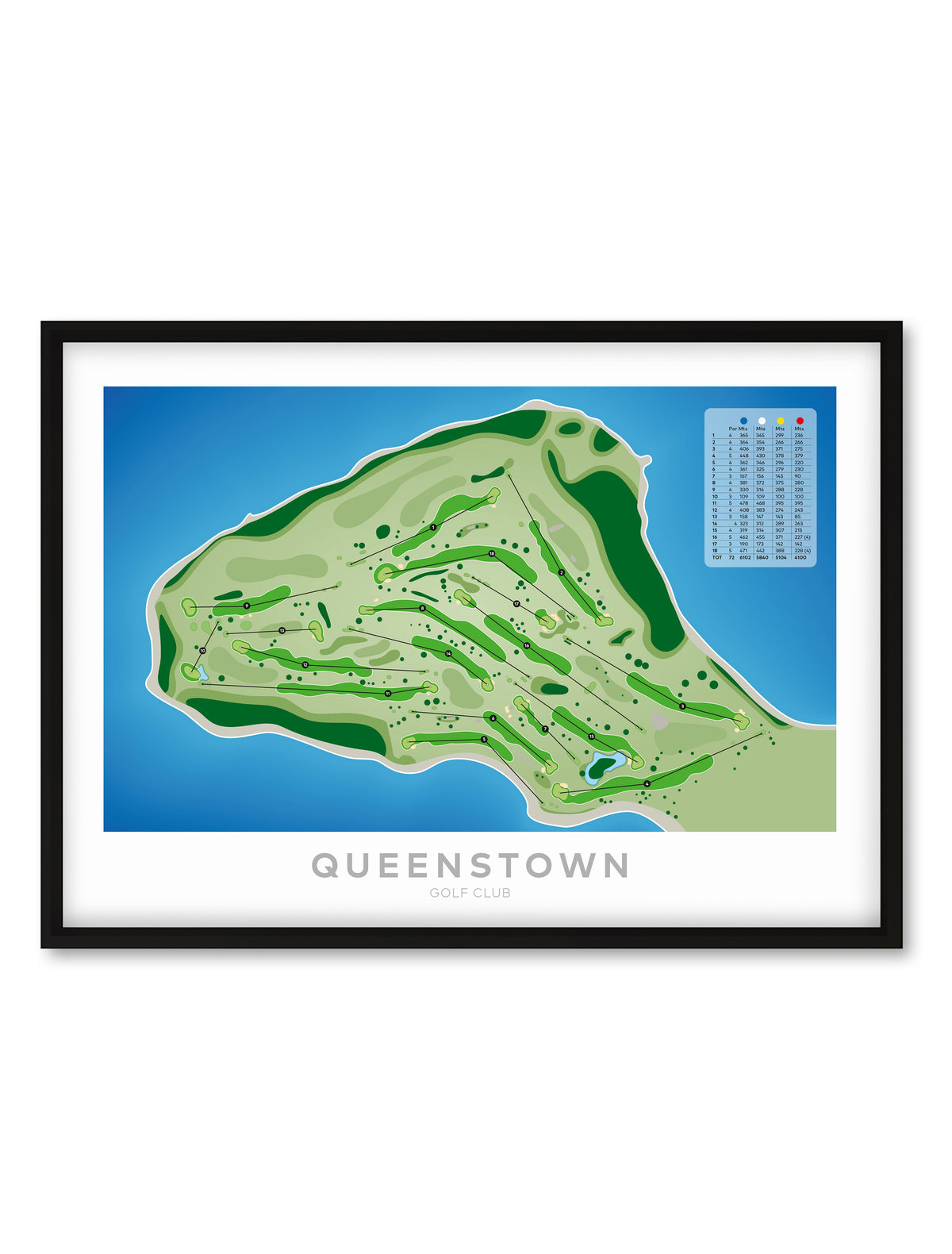 Black Framed Minimalist fine art map of Queenstown Golf Course, Otago, New Zealand