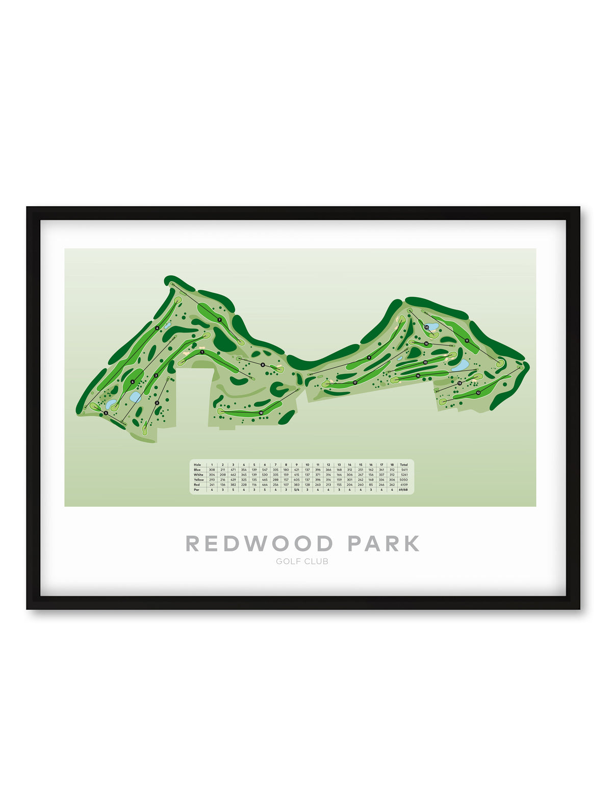 Black Framed golf course map print for Redwood Park Golf Club