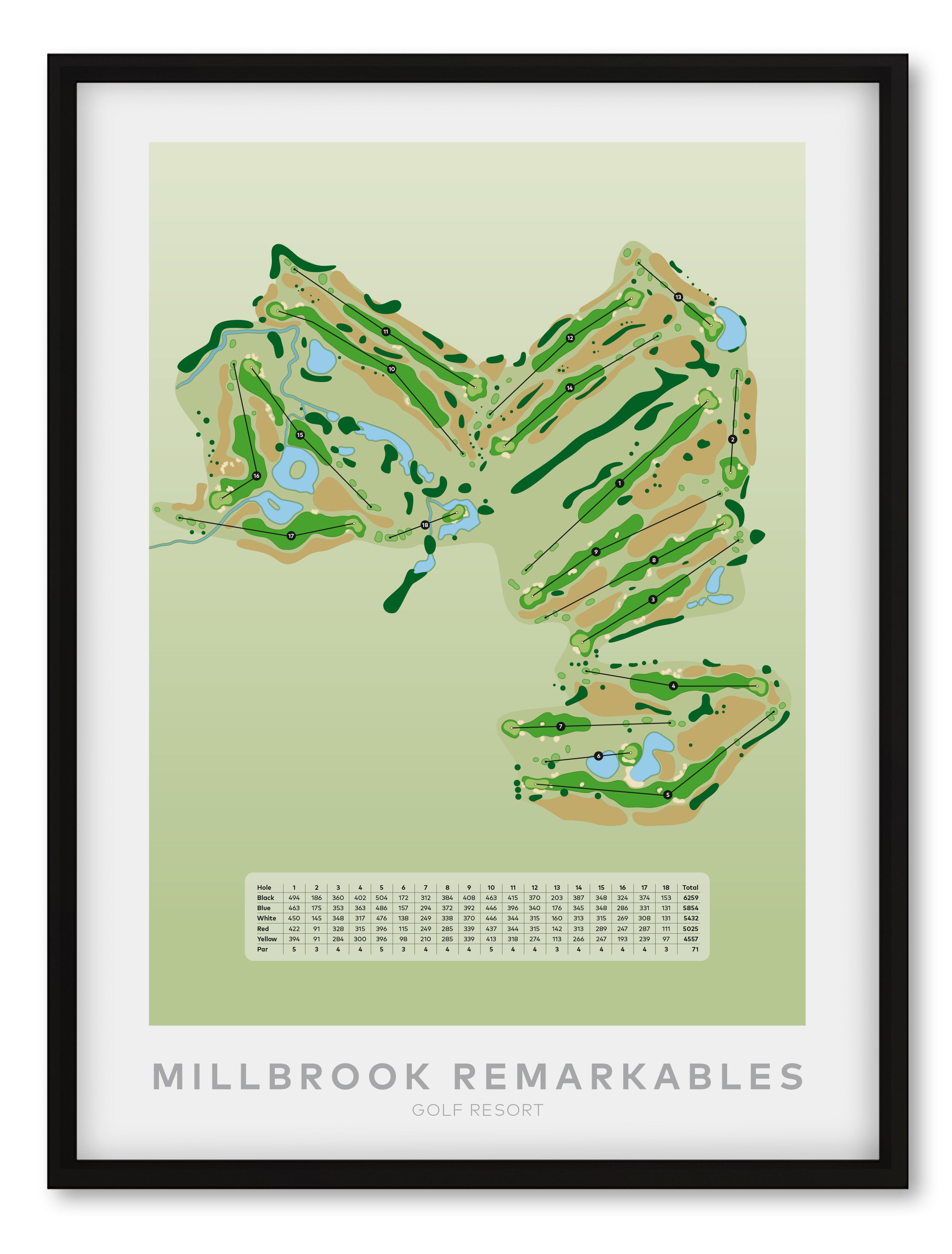 Black framed minimalist fine art map of Millbrook - Remarkables Golf Course, Otago, Queenstown Lakes Region, New Zealand