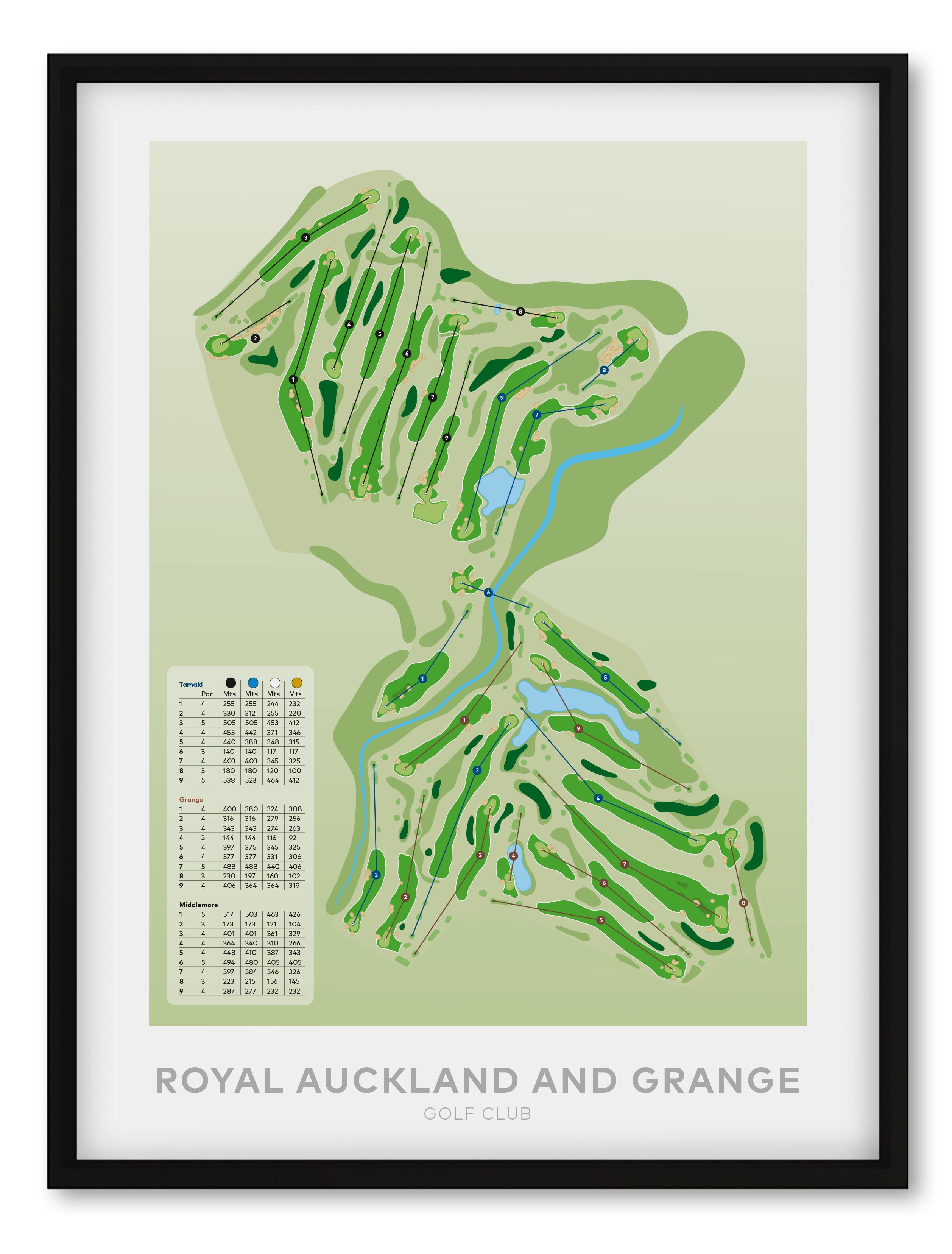 Black framed Minimalist fine art map of Royal Auckland and Grange Golf Course, Auckland, New Zealand