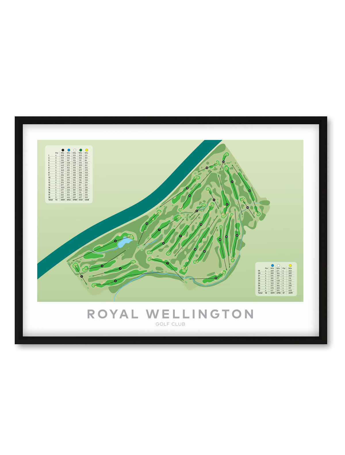 Black Framed Minimalist fine art map of Royal Wellington Golf Course, New Zealand