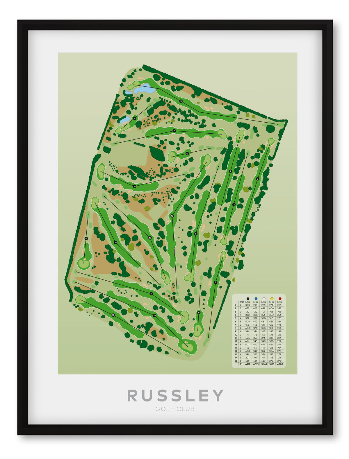 Black framed Minimalist fine art map of Russley Golf Course, Christchurch, Canterbury, New Zealand