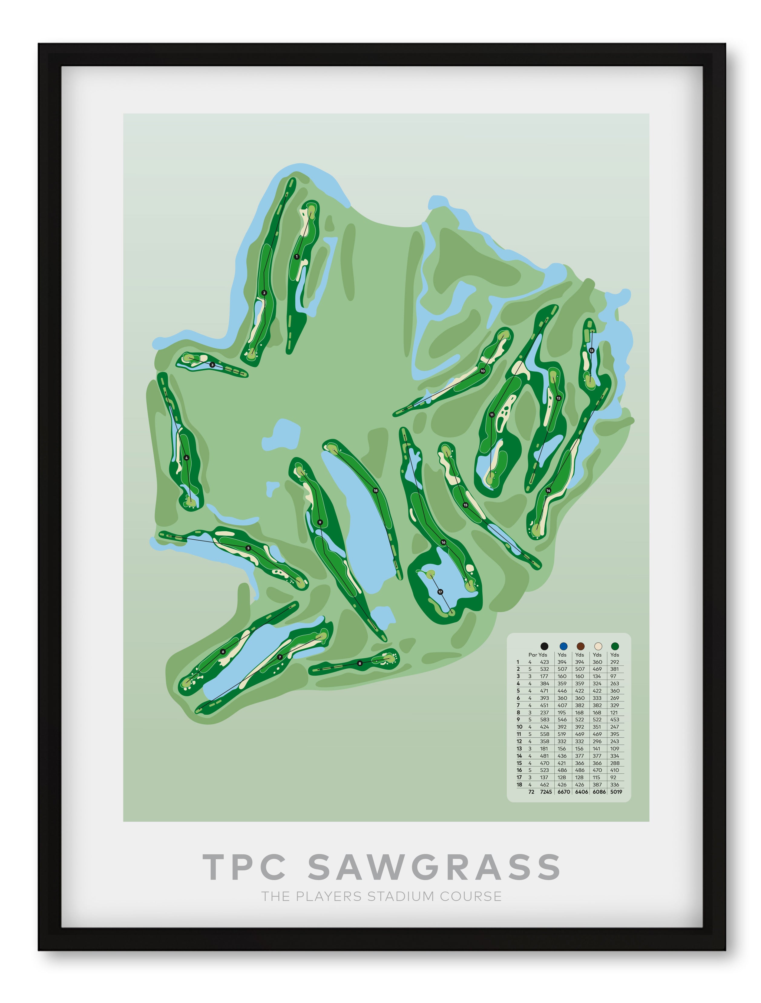 Black framed Minimalist fine art map of TPC Sawgrass Golf Course, Ponte Vedra Beach, Florida, USA