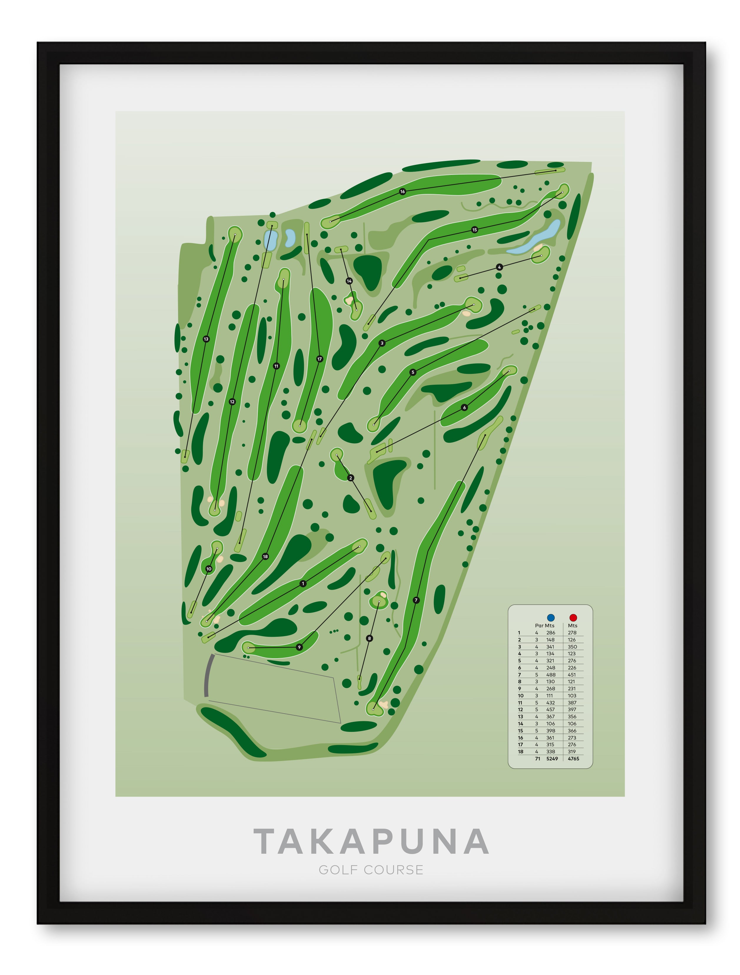 Black framed Minimalist fine art map of Takapuna Golf Course, Auckland, New Zealand