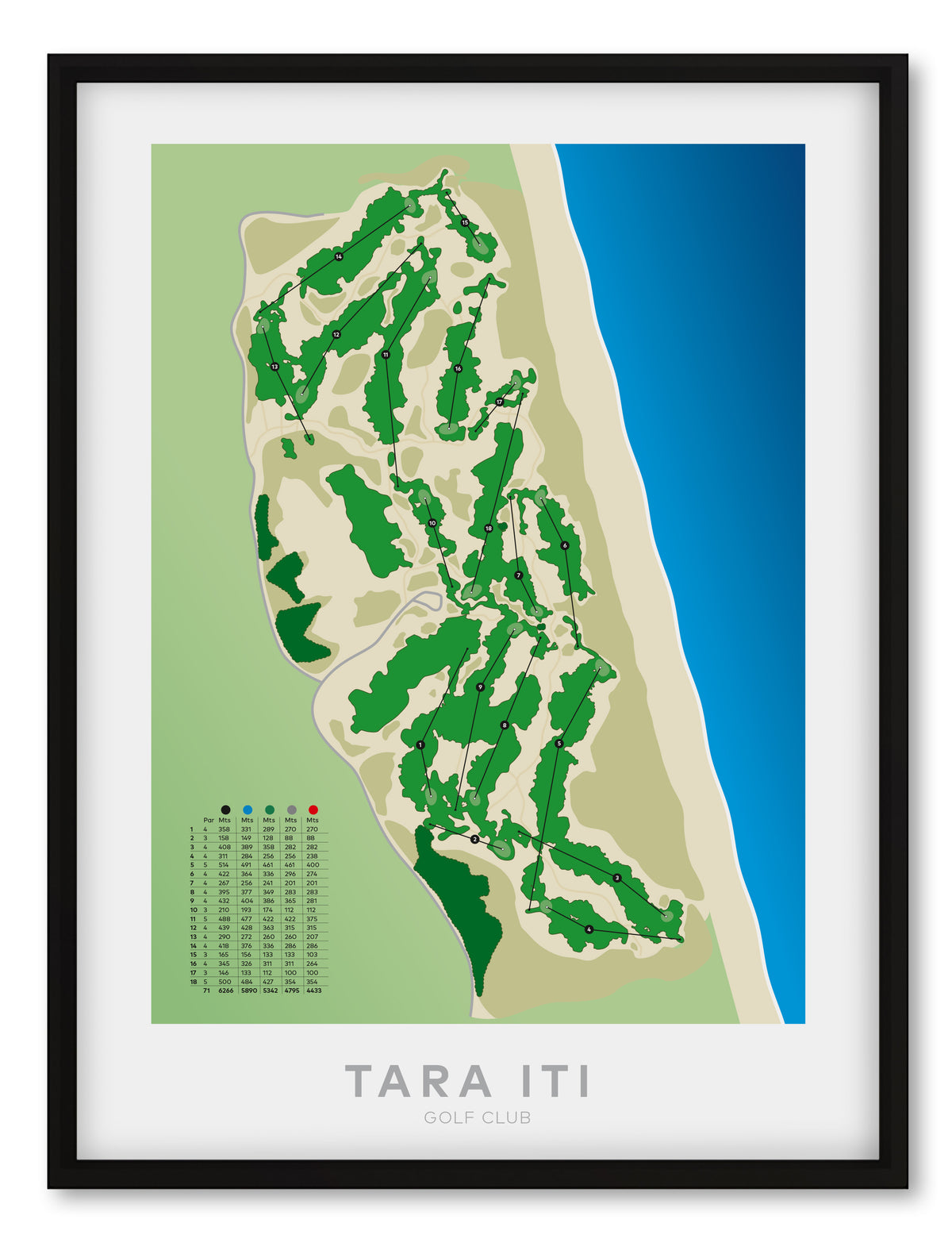 Black framed Minimalist fine art map of Tara Iti Golf Course, Northland, New Zealand