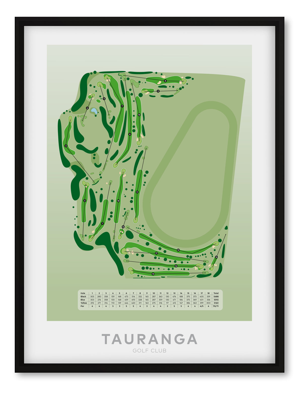 Black framed Minimalist fine art map of Tauranga Golf Course, Bay of Plenty, New Zealand