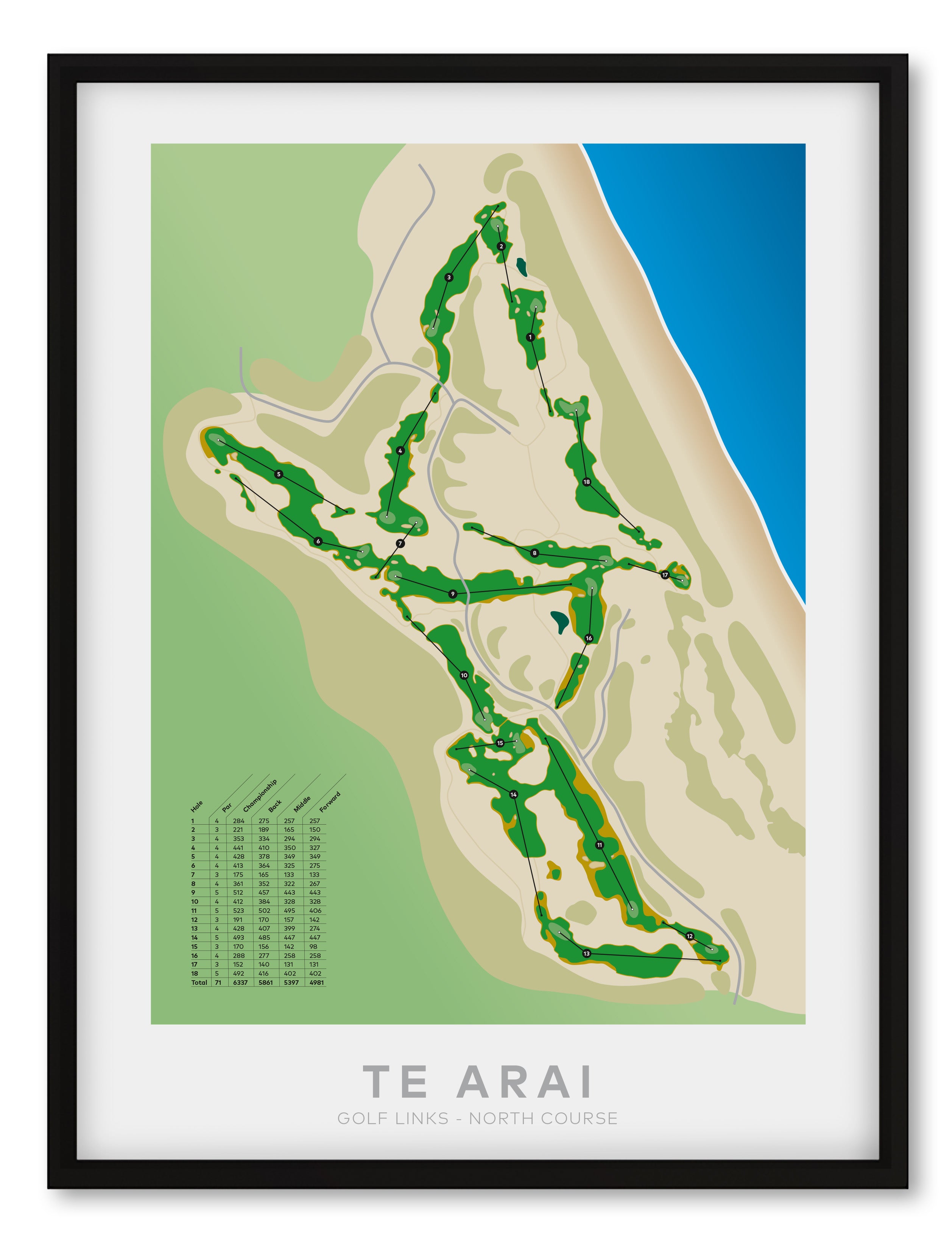 Black framed Minimalist fine art map of Te Arai - North Golf Course, Northland, New Zealand