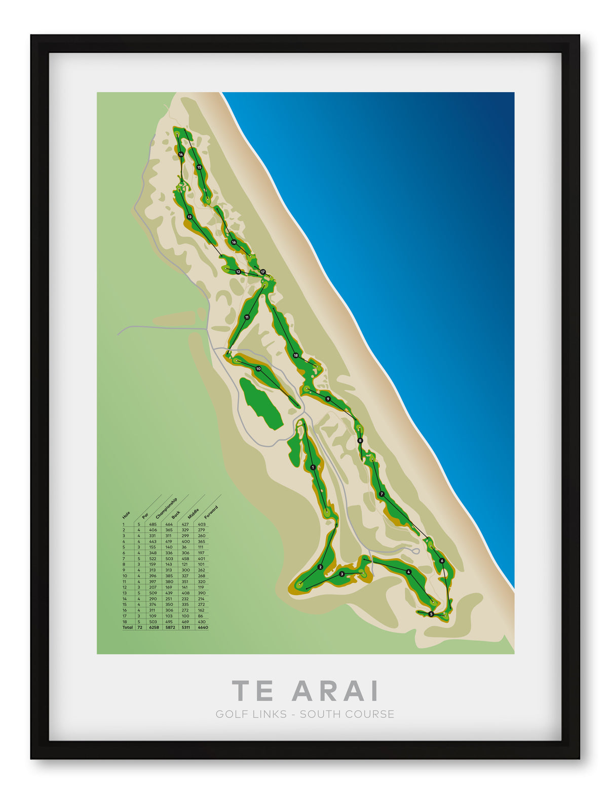 Black framed Minimalist fine art map of Te Arai - South Golf Course, Northland, New Zealand