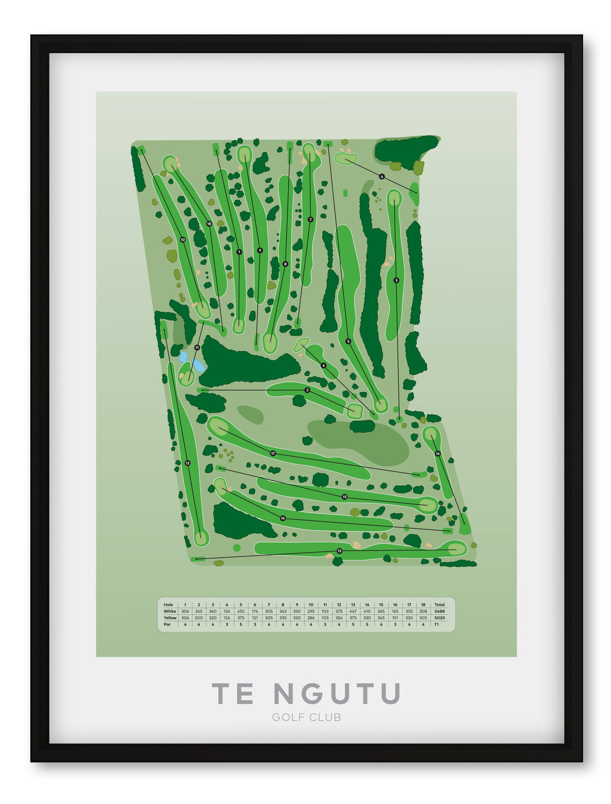 Black framed Minimalist fine art map of Te Ngutu Golf Course, Taranaki, New Zealand