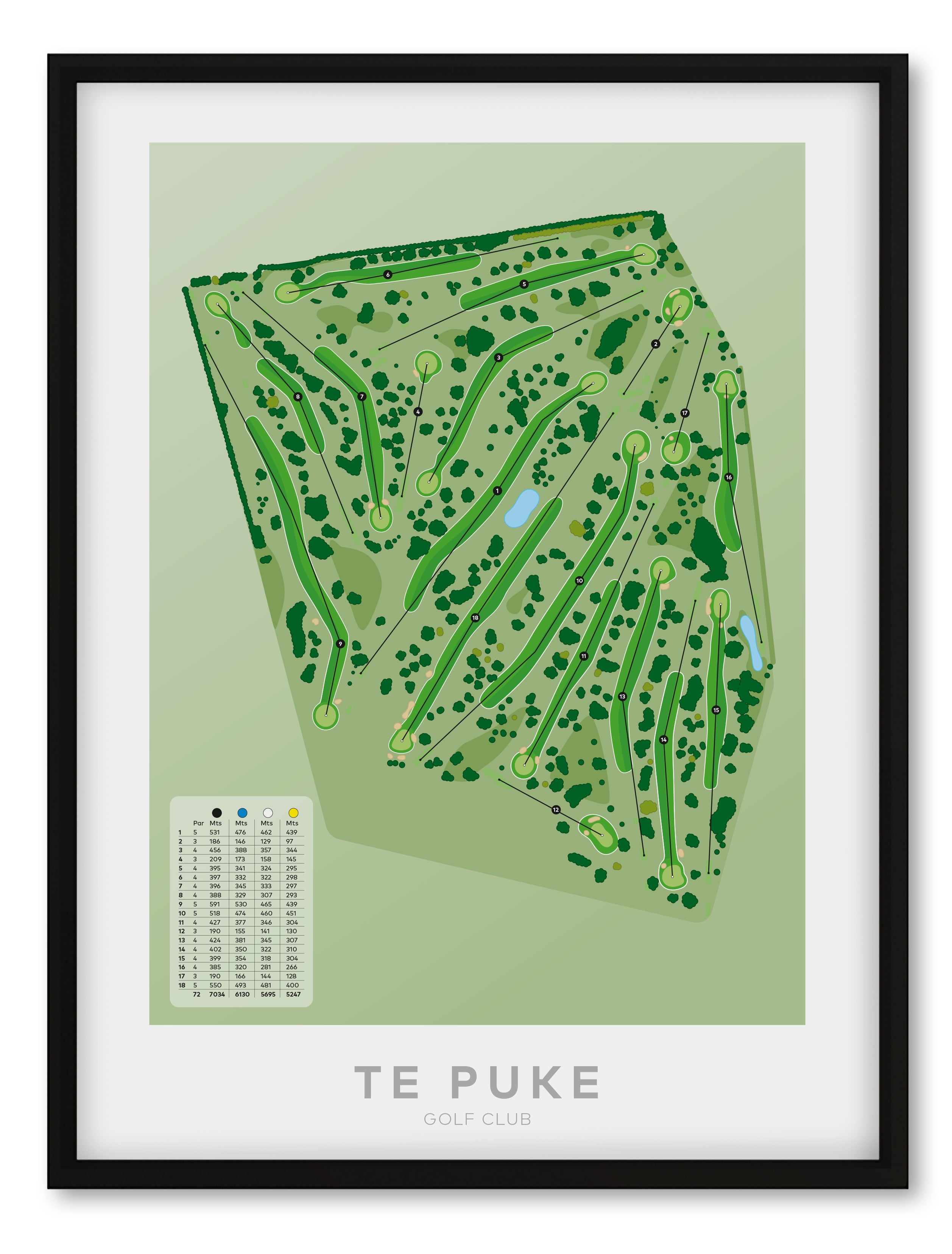 Black framed Minimalist fine art map of Te Puke Golf Course, Bay of Plenty, New Zealand