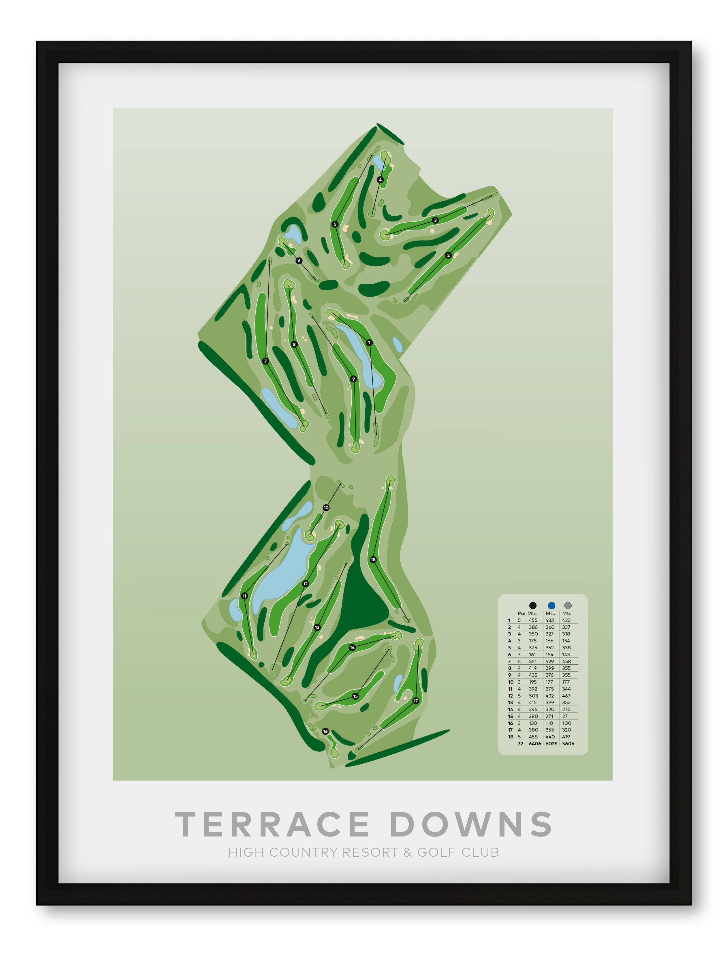 Black framed Minimalist fine art map of Terrace Downs Golf Course, Canterbury, New Zealand