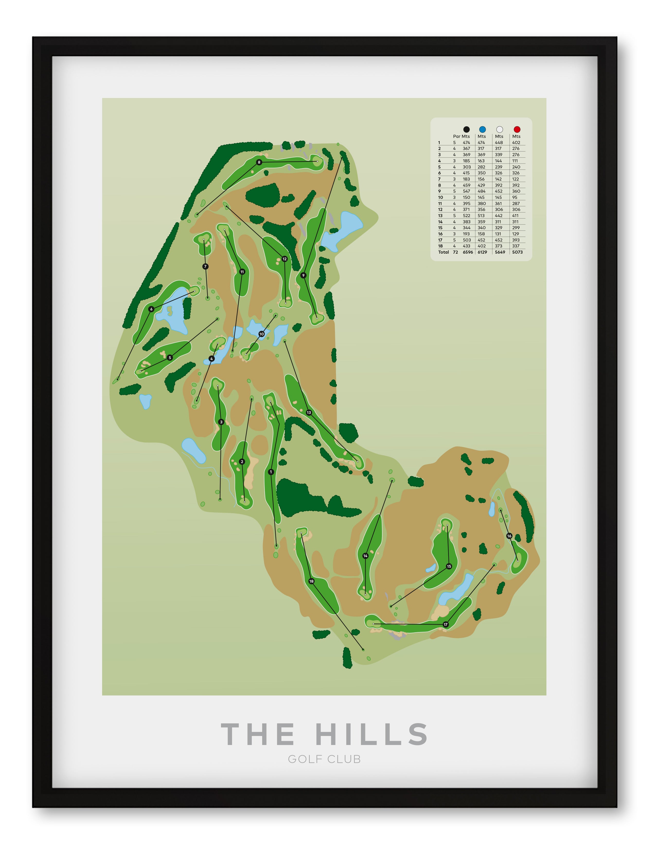 Black framed Minimalist fine art map of The Hills Golf Course, Queenstown Lakes region, Otago, New Zealand