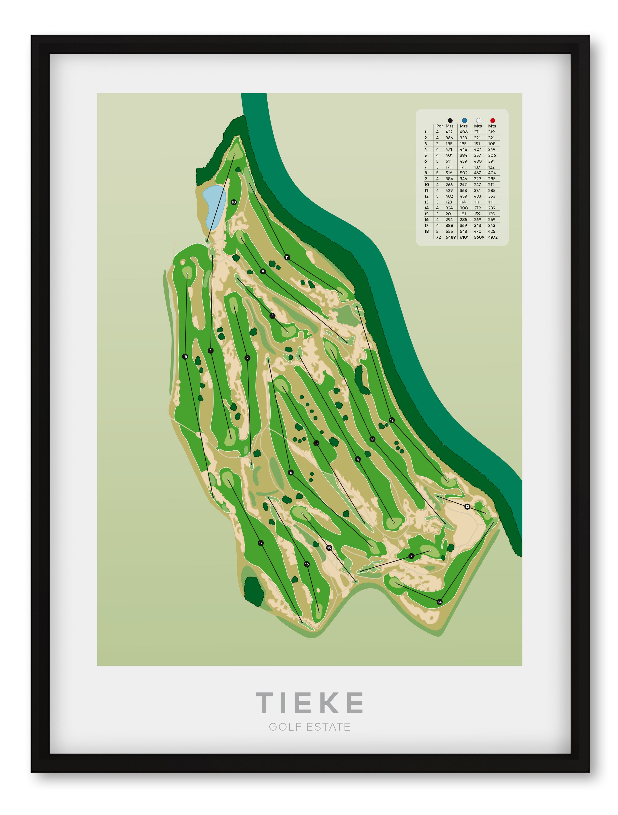 Black framed Minimalist fine art map of Tieke Golf Course, Hamilton, Waikato, New Zealand