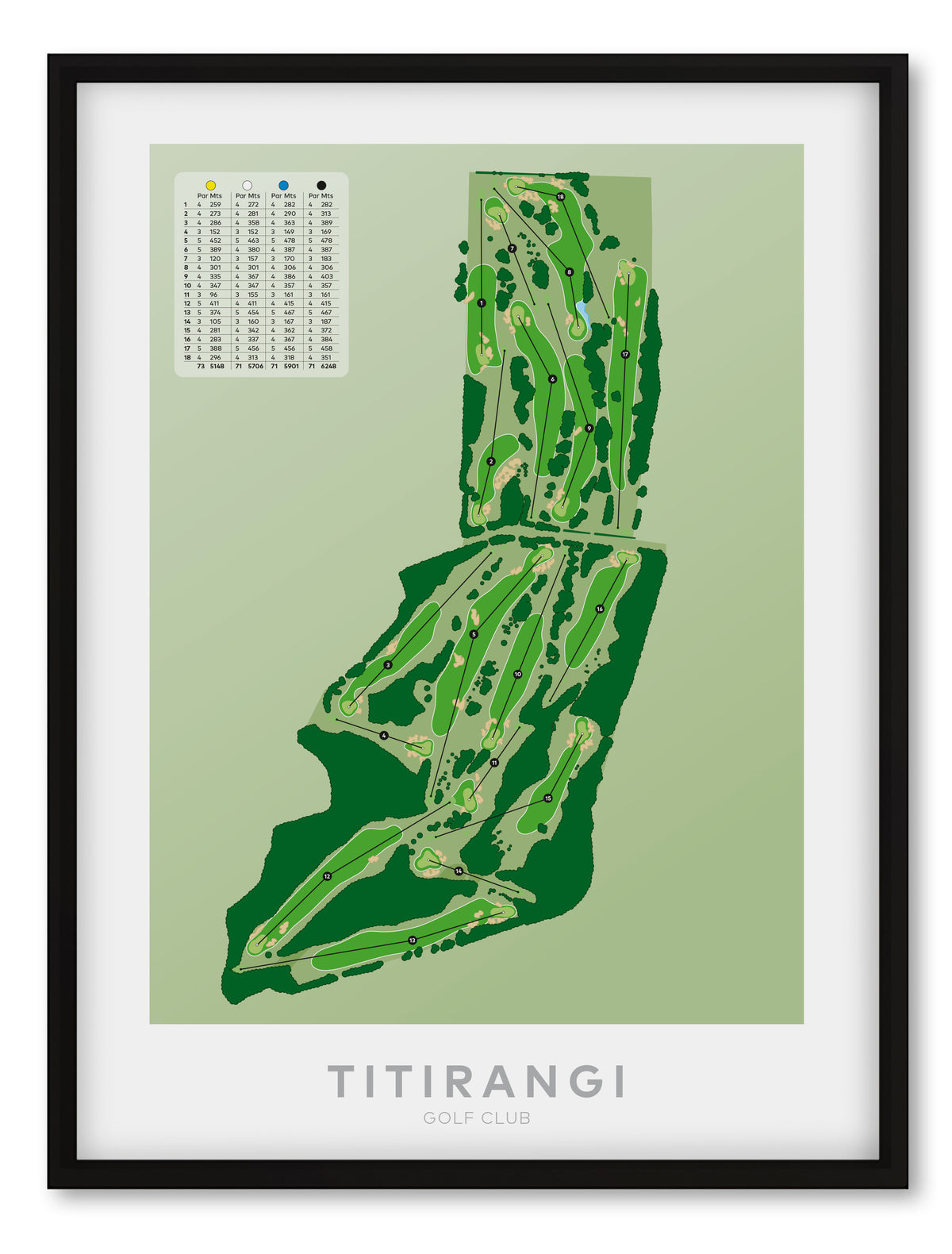 Black framed Minimalist fine art map of Titirangi Golf Course, Auckland, New Zealand