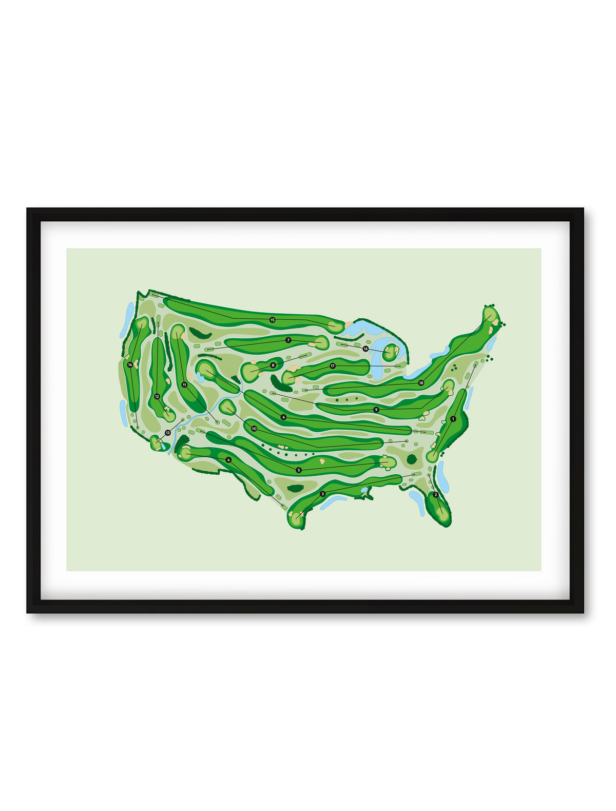 Black Framed Minimalist fine art map of USA shaped Golf Course, A hand-drawn golf map in the outline of the USA