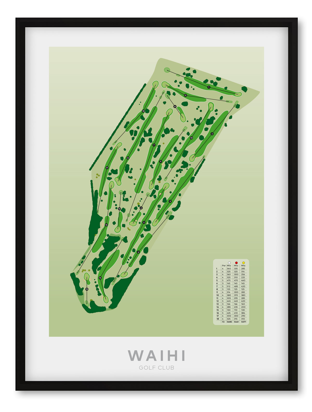 Black framed Minimalist fine art map of Waihi Golf Course, Hauraki District, New Zealand