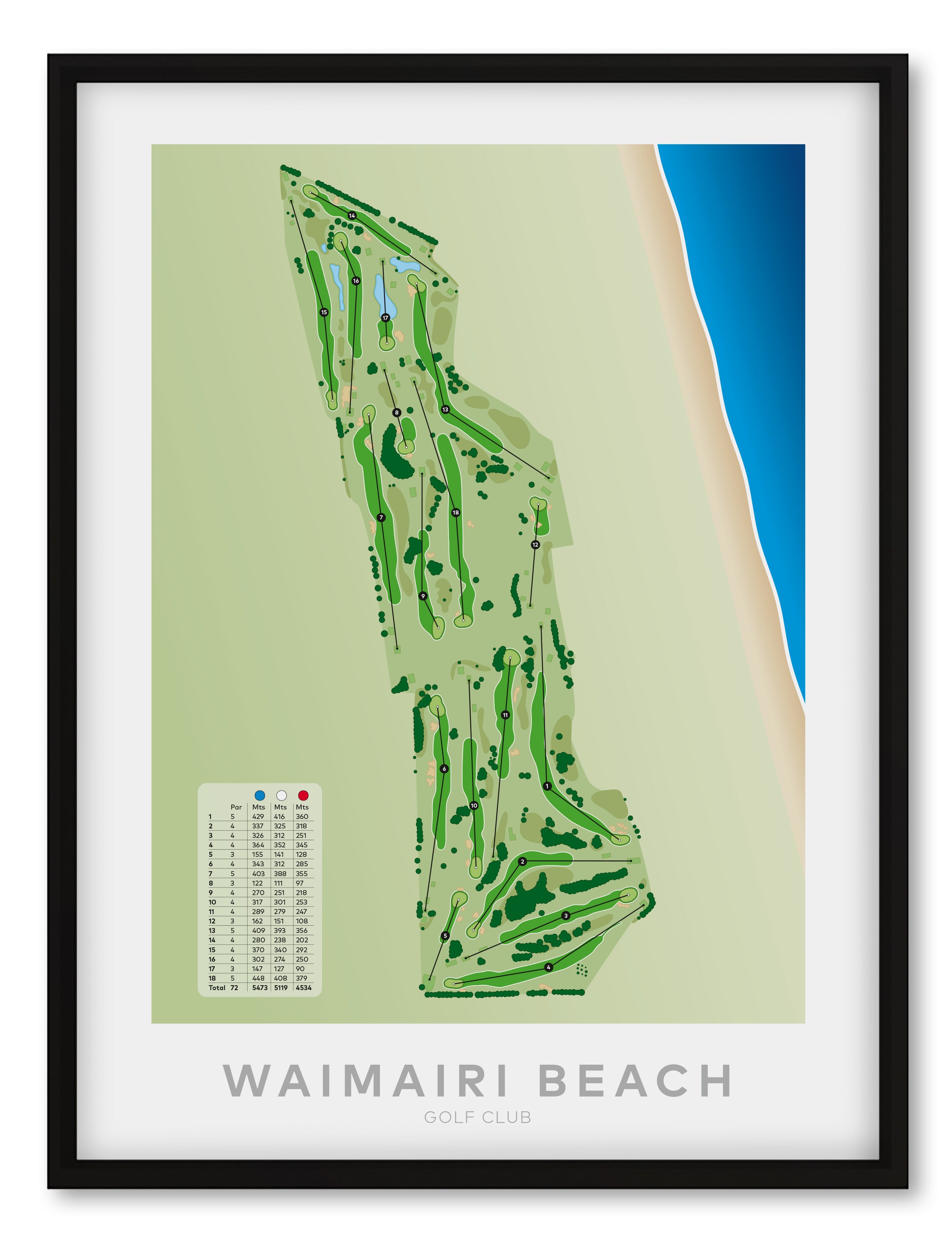Black framed Minimalist fine art map of Waimairi Beach Golf Course, Christchurch, Canterbury, New Zealand