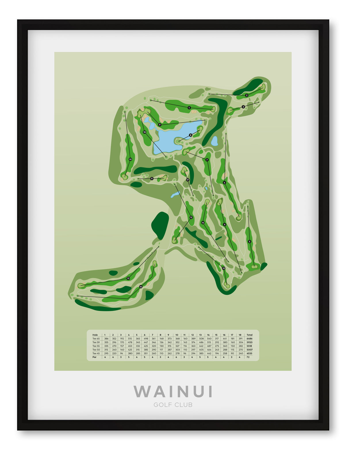 Black framed Minimalist fine art map of Wainui Golf Course, North Shore, Auckland, New Zealand