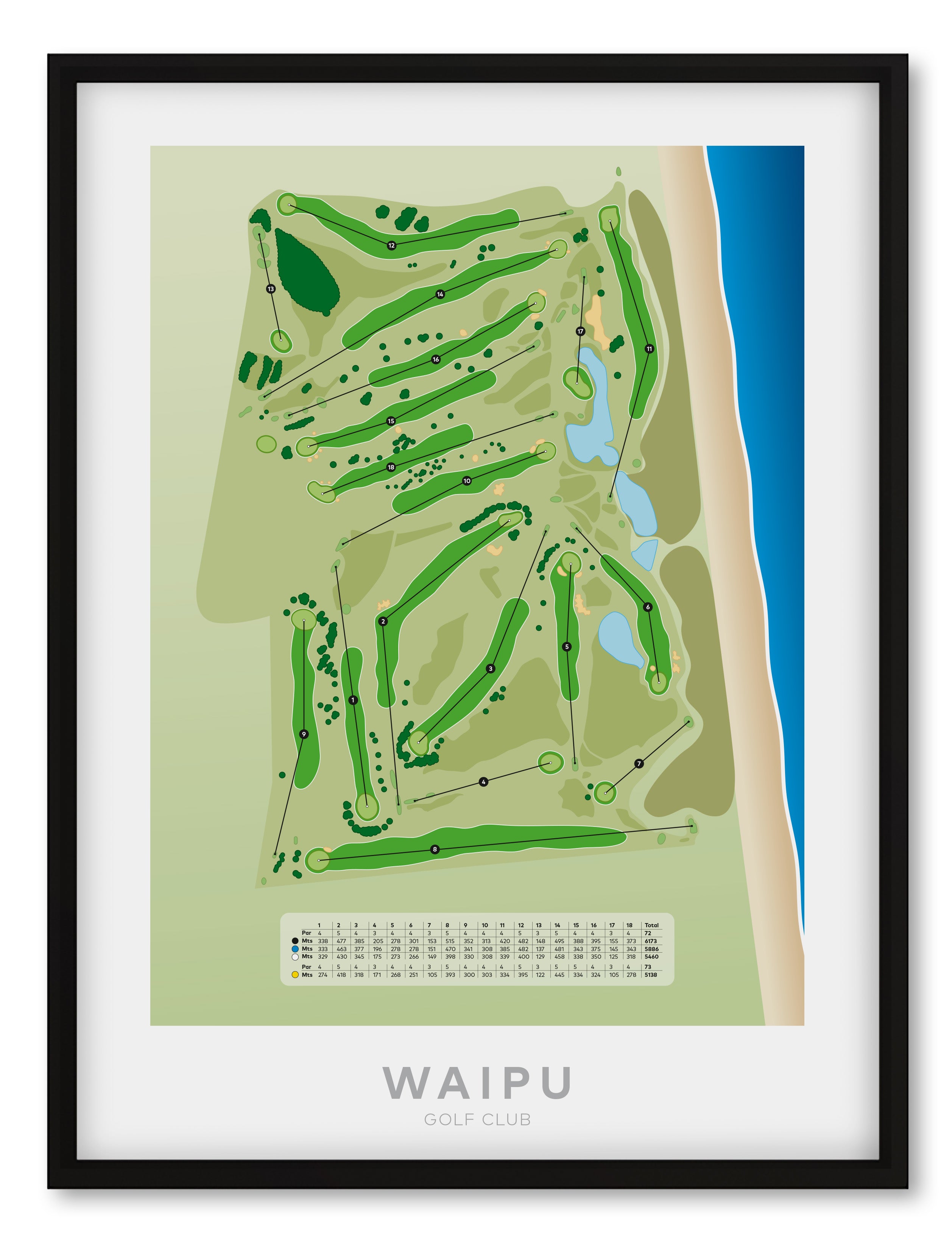 Black framed Minimalist fine art map of Waipu Golf Course, Northland, New Zealand