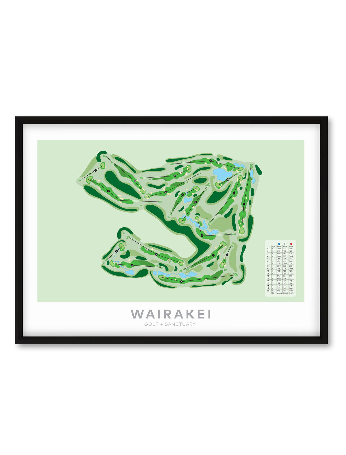 Black Framed Minimalist fine art map of Wairakei Golf + Sanctuary Golf Course, Taupo, Waikato, New Zealand