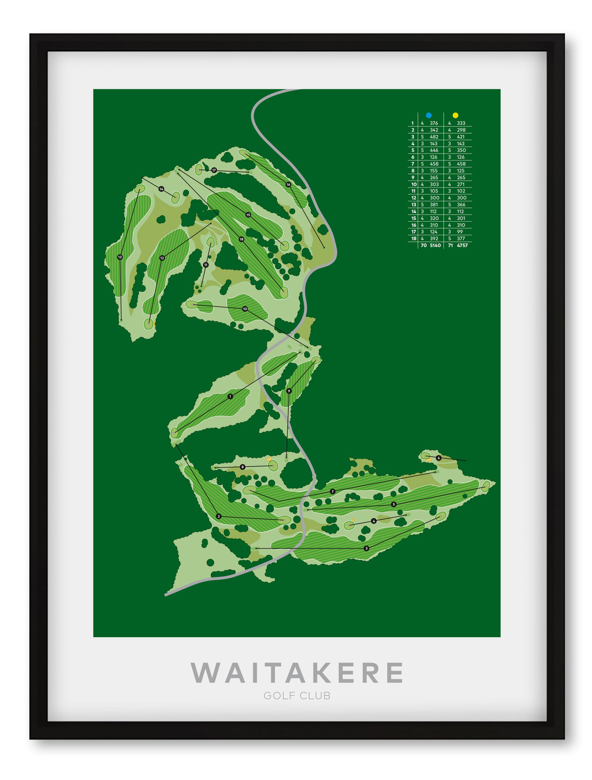 Black framed Minimalist fine art map of Waitakere Golf Course, Auckland, New Zealand