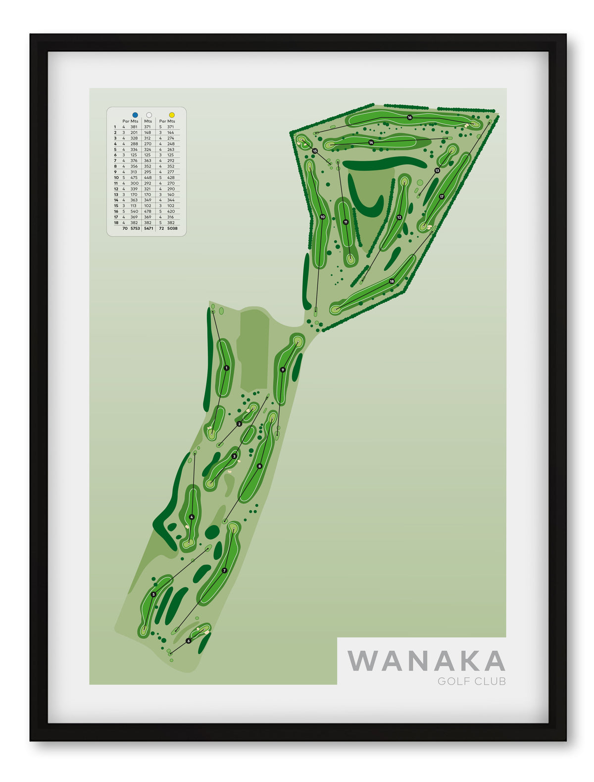 Black framed Minimalist fine art map of Wanaka Golf Course, Otago, Queenstown Lakes Region, New Zealand