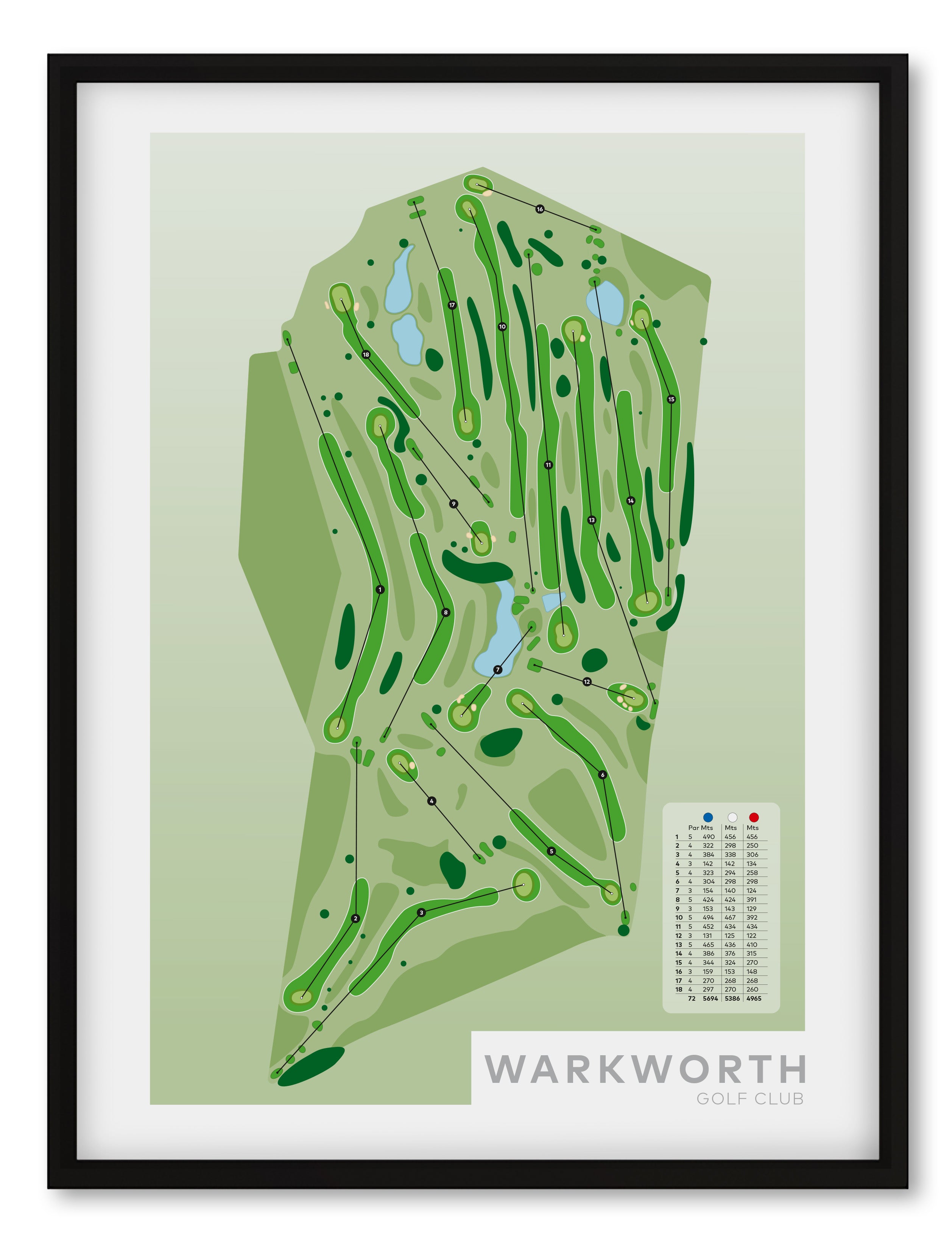 Black framed Minimalist fine art map of Warkworth Golf Course, Auckland region, New Zealand