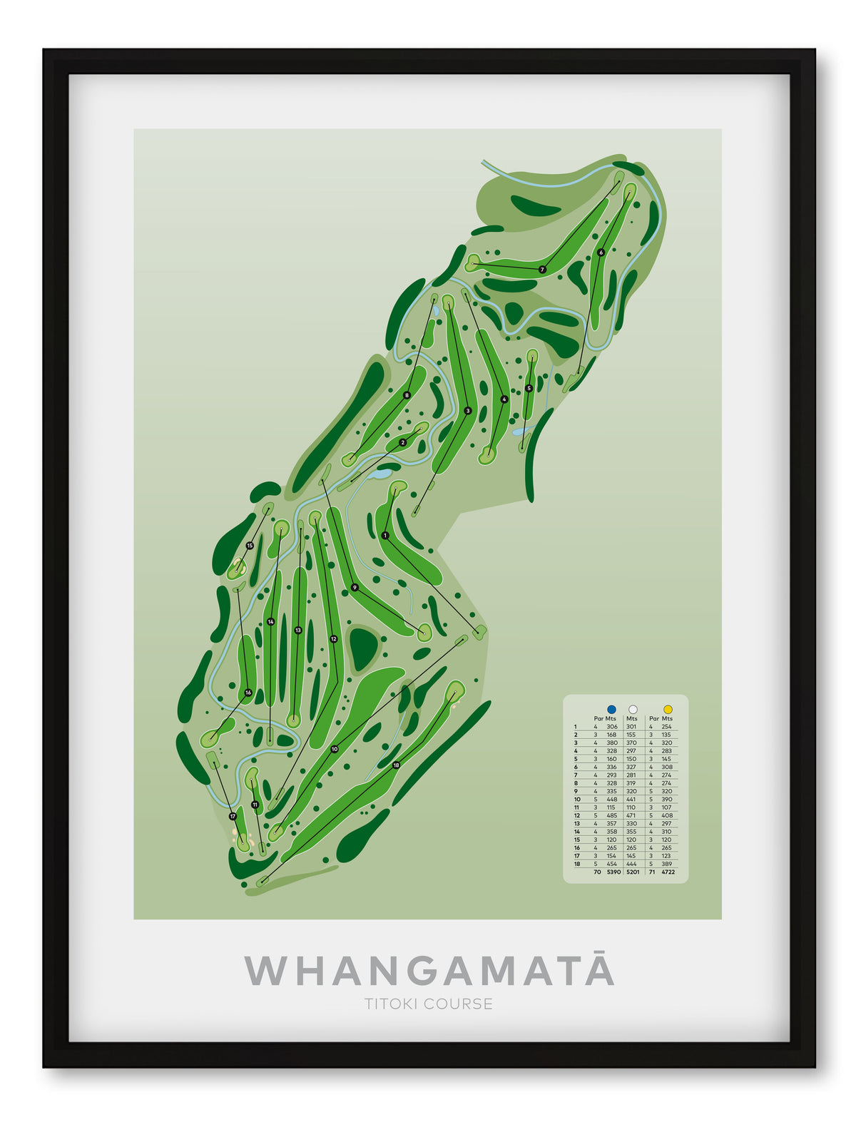 Black Framed minimalist golf course map of Whangamata Titoki Course, perfect wall decor and gift for golfers."