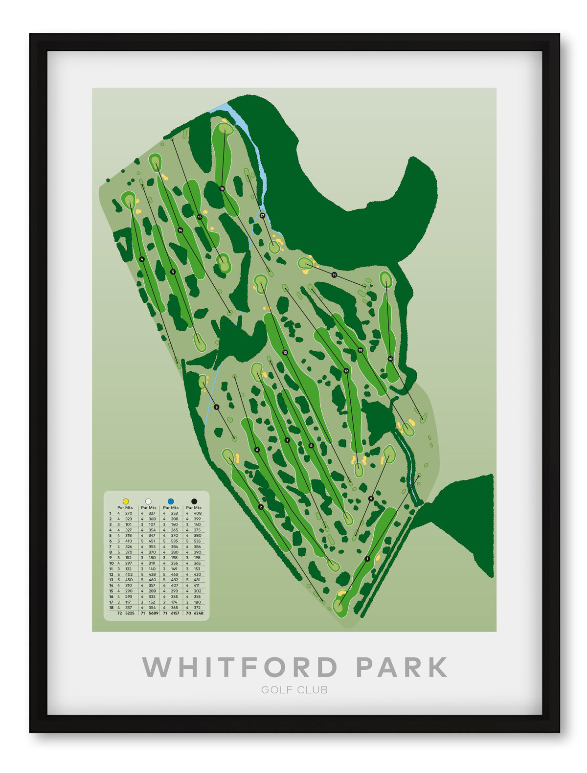 Black framed Minimalist fine art map of Whitford Park Golf Course, Auckland, New Zealand