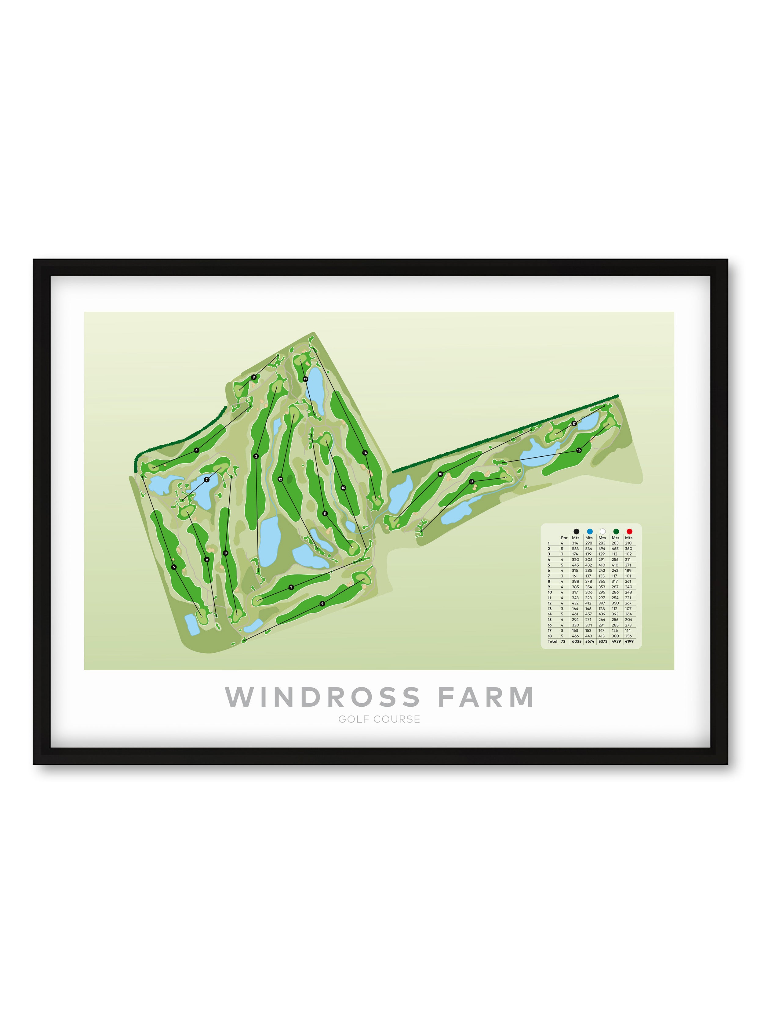 Black Framed Minimalist fine art map of Windross Farm Golf Course, Auckland, New Zealand