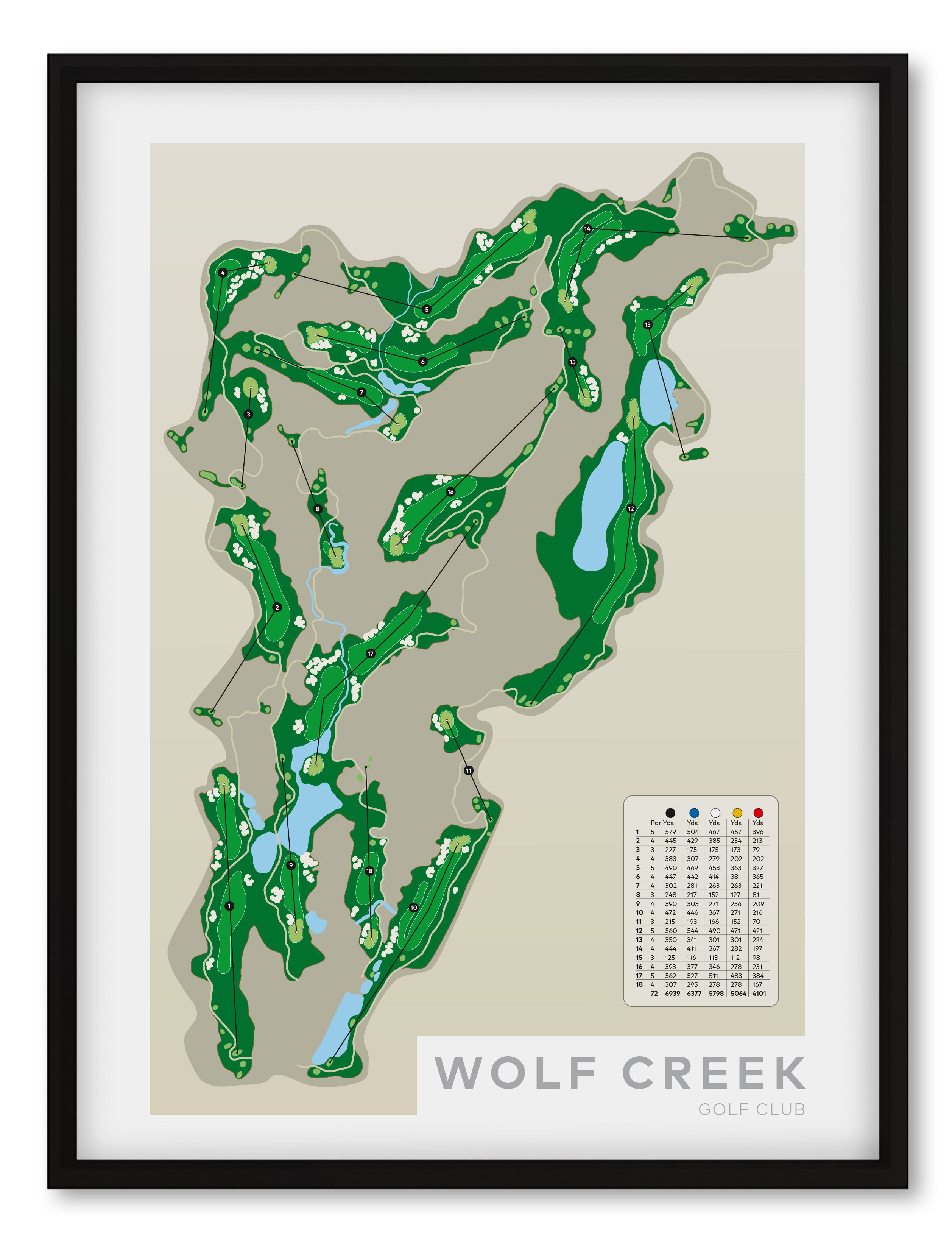 Black framed Minimalist fine art map of Wolf Creek Golf Course, Nevada USA