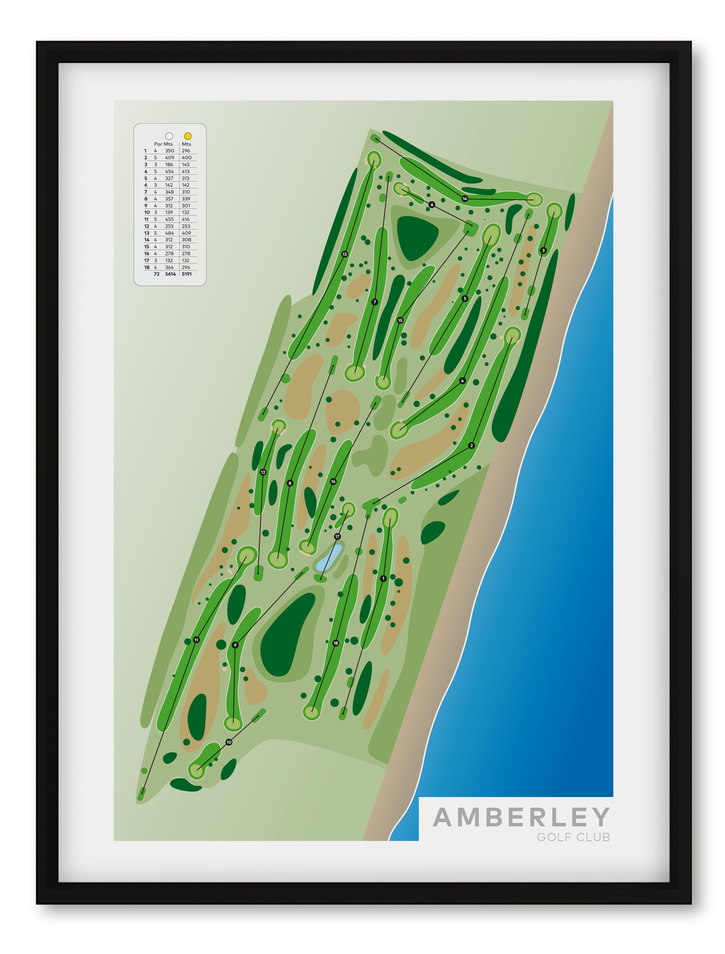 Black framed minimalist fine art map of Amberley Golf Course, Christchurch, Canterbury, New Zealand