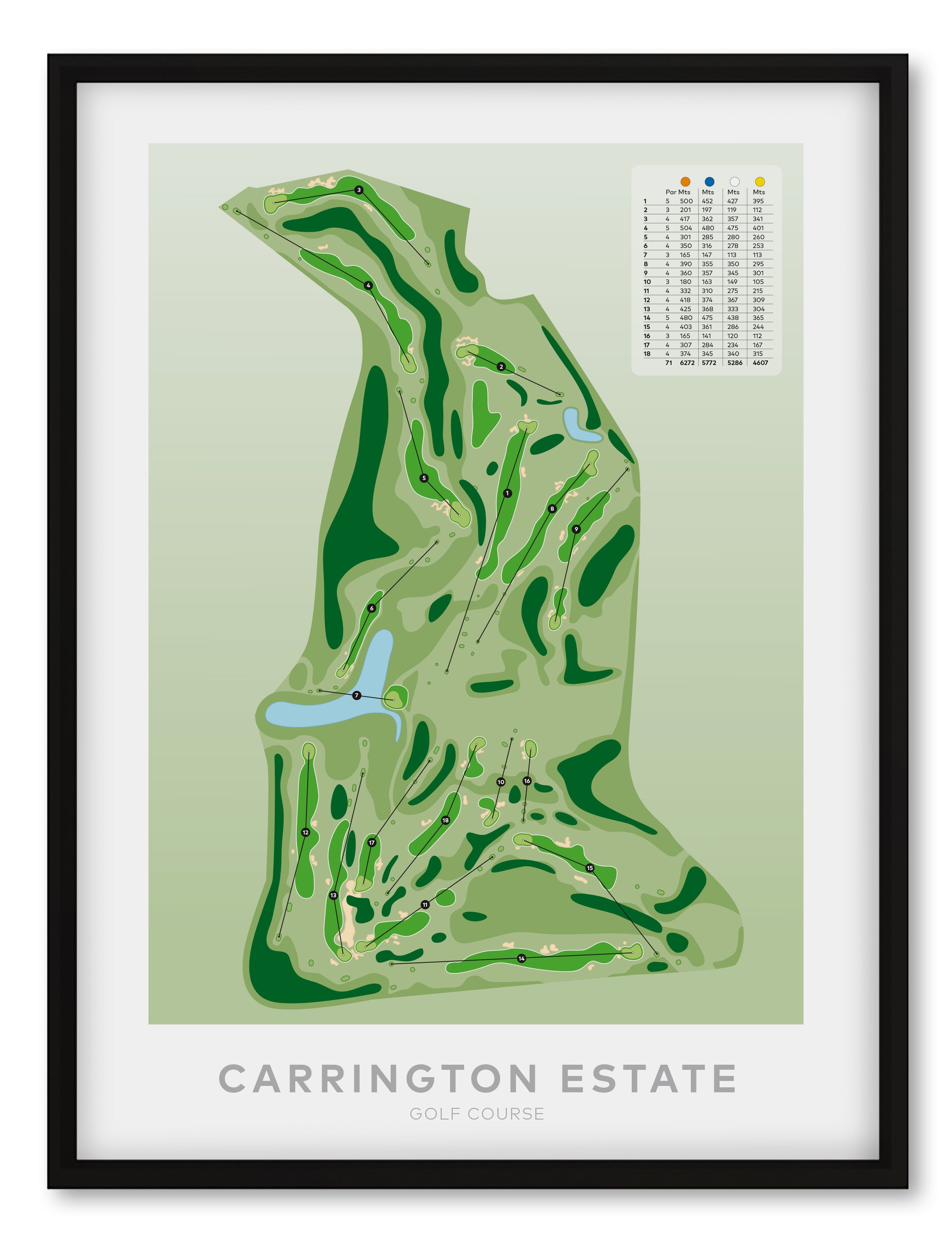 Black framed minimalist fine art map of Carrington Estate Golf Course, Northland, New Zealand