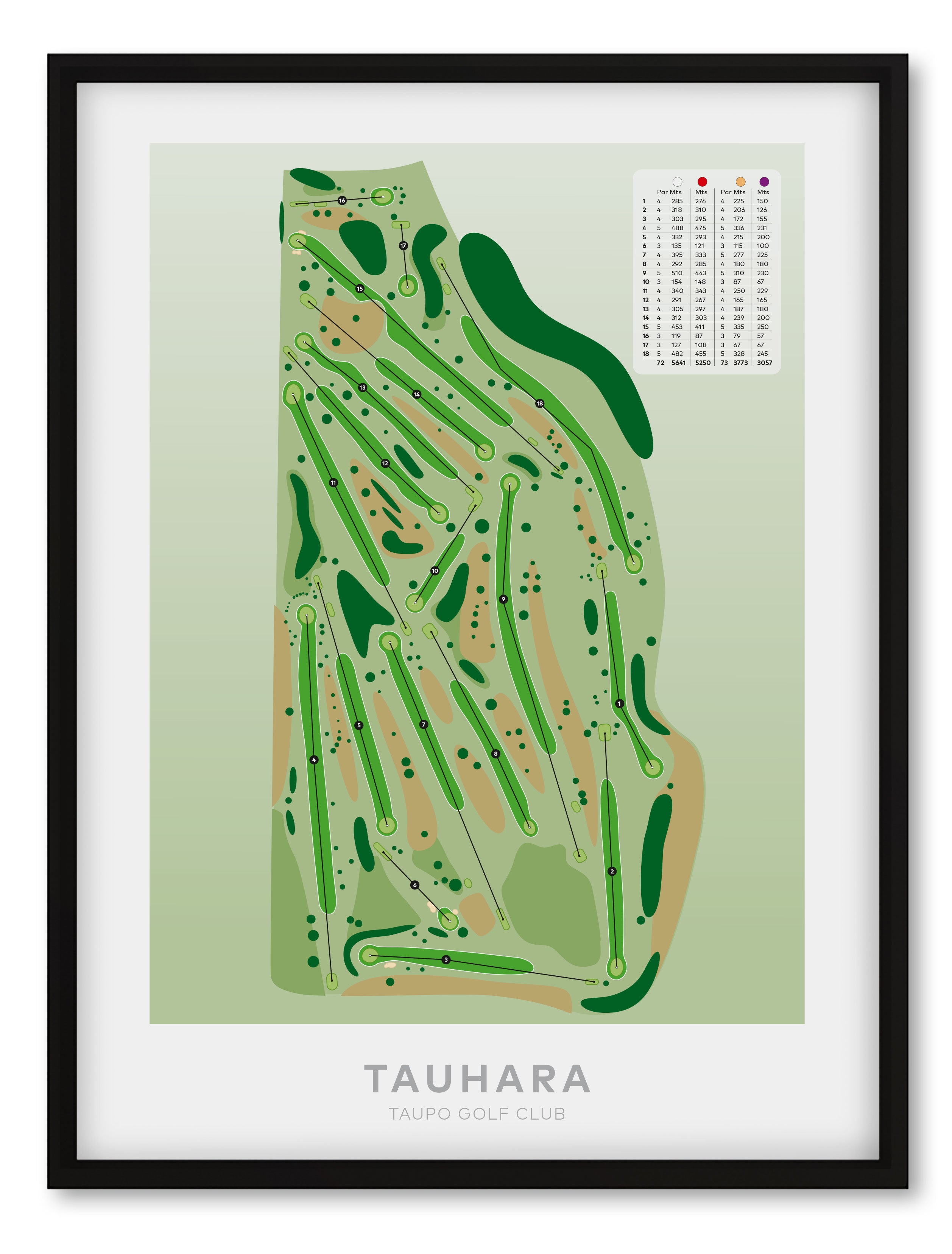 Black framed Minimalist fine art map of Taupo - Tauhara Golf Course, Waikato, New Zealand