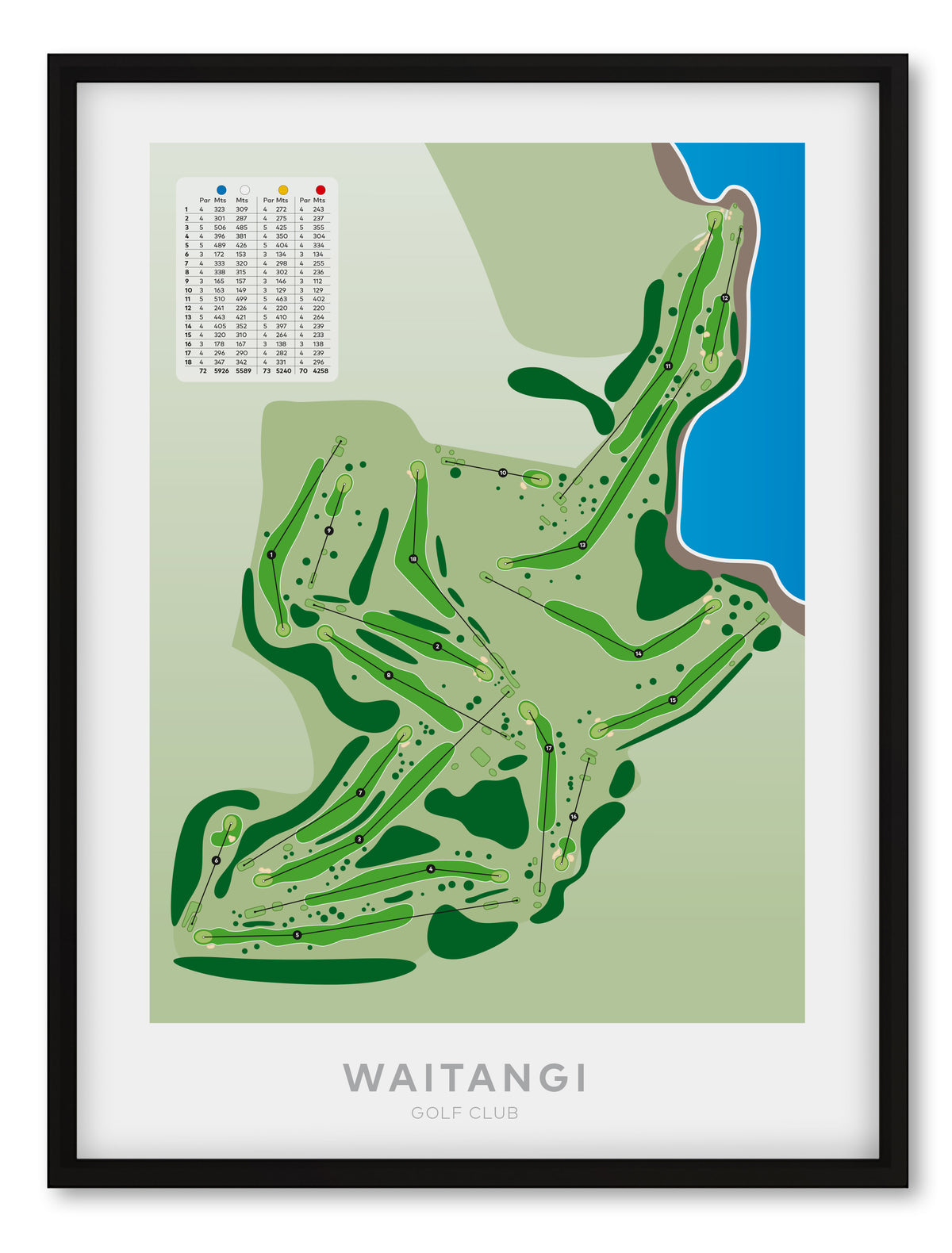 Black framed Minimalist fine art map of Waitangi Golf Course, Northland, New Zealand