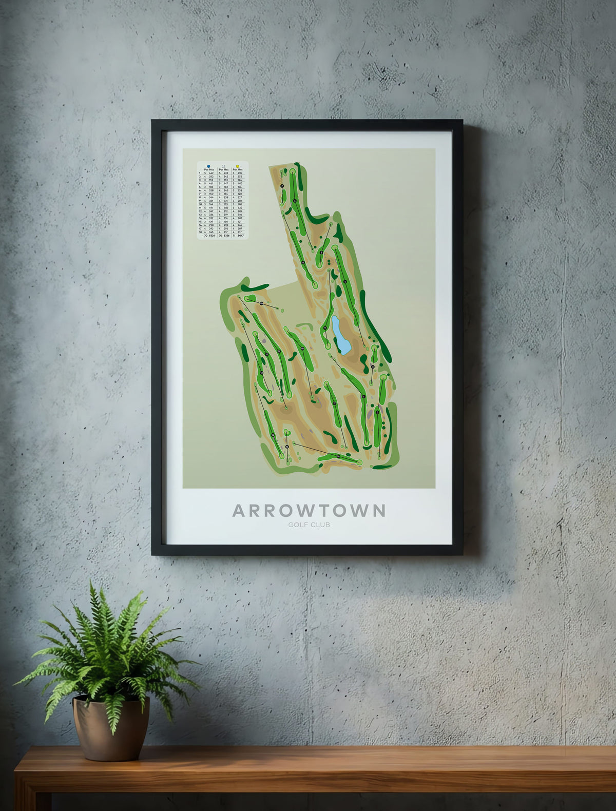 Black framed minimalist fine art map of Arrowtown Golf Course, Queenstown Lakes Region, Otago, New Zealand