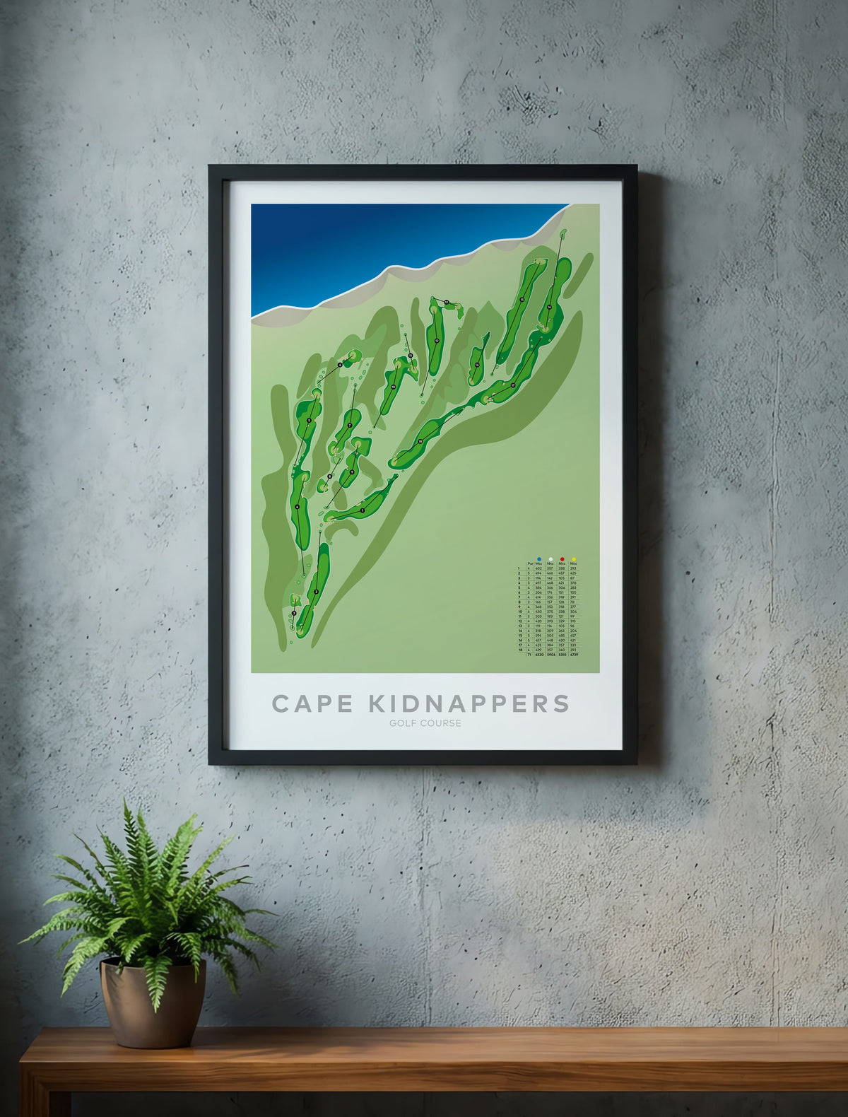 Black framed minimalist fine art map of Cape Kidnappers Golf Course, Hawke’s Bay, New Zealand