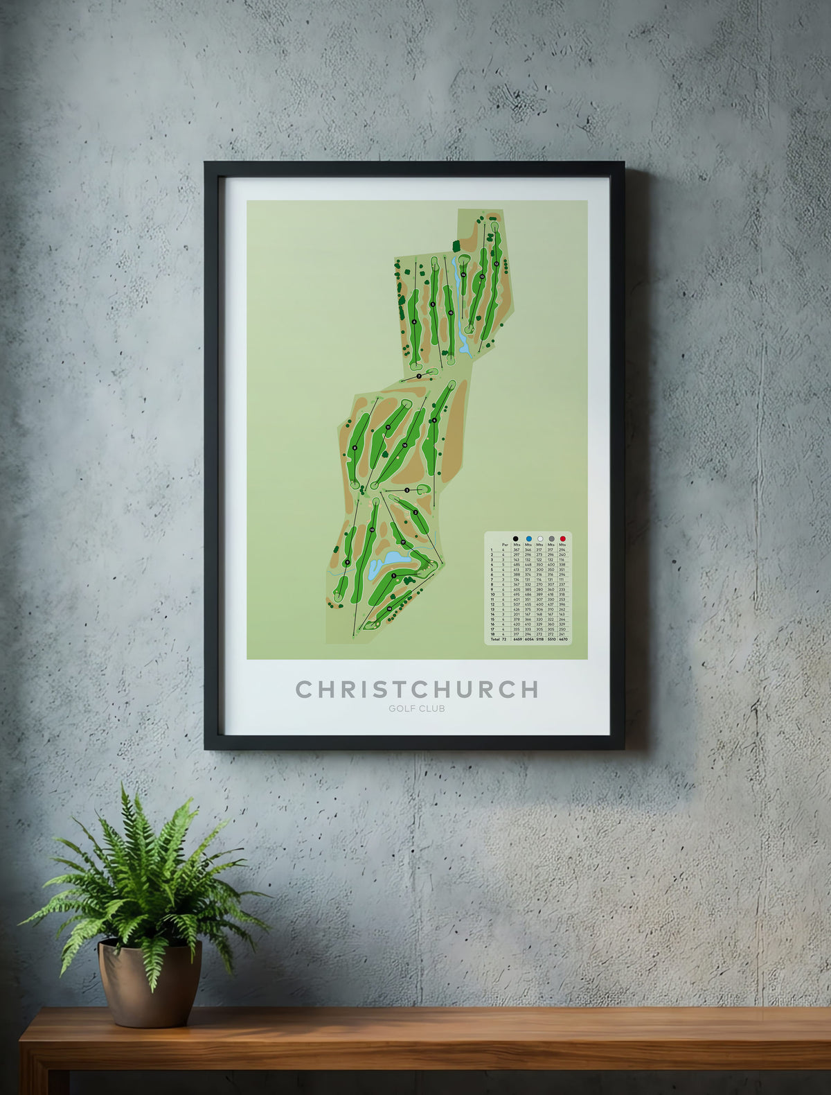 Black framed minimalist fine art map of Christchurch Golf Course, ChCh, Canterbury, New Zealand