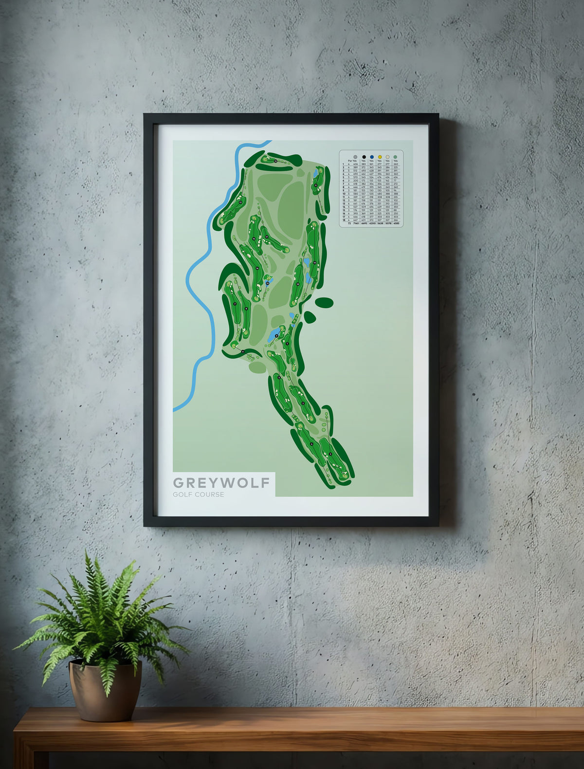 Black framed minimalist fine art map of Greywolf Golf Course, Panorama, British Columbia, Canada