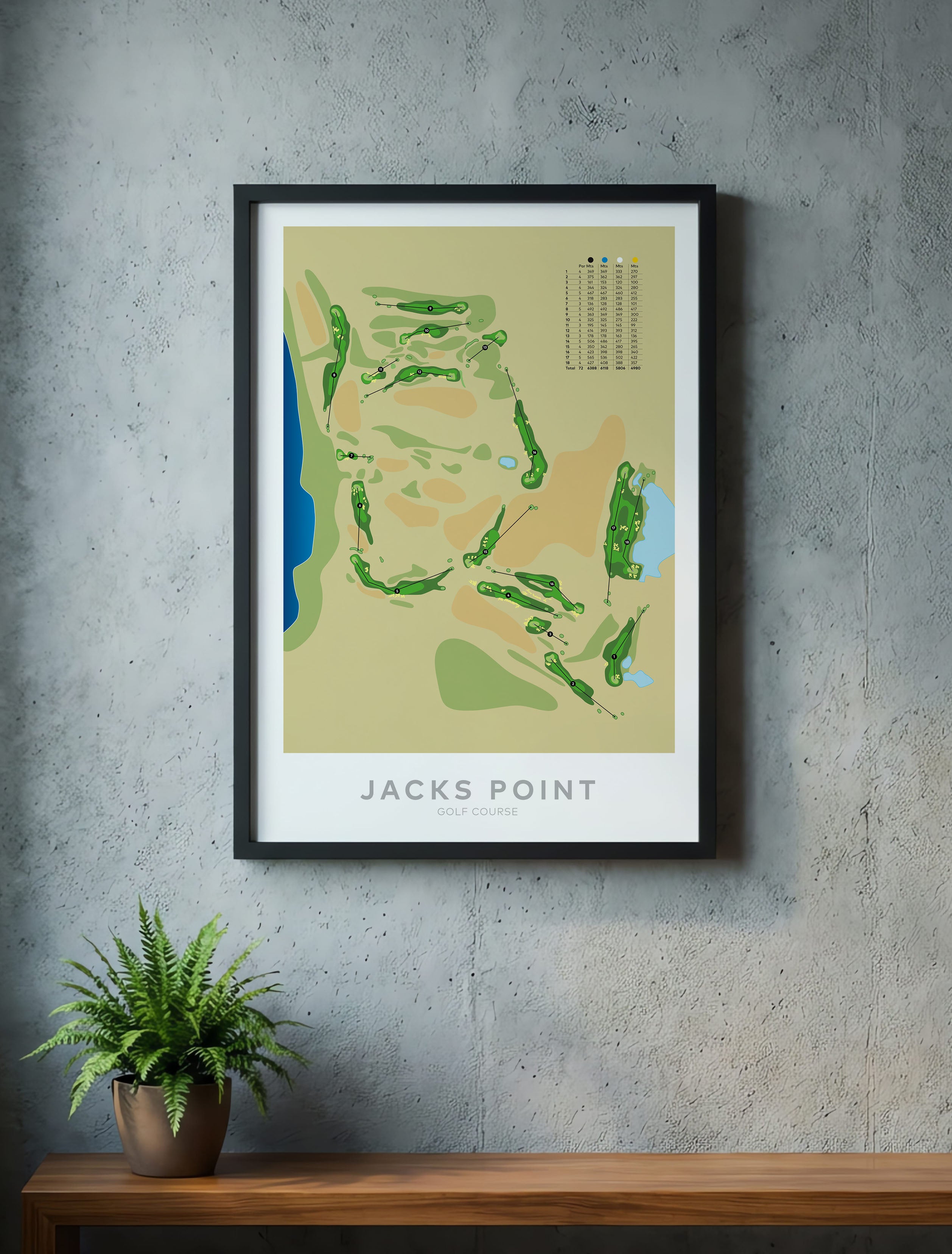 Black framed minimalist fine art map of Jacks Point Golf Course, Queenstown Lakes, Otago, New Zealand