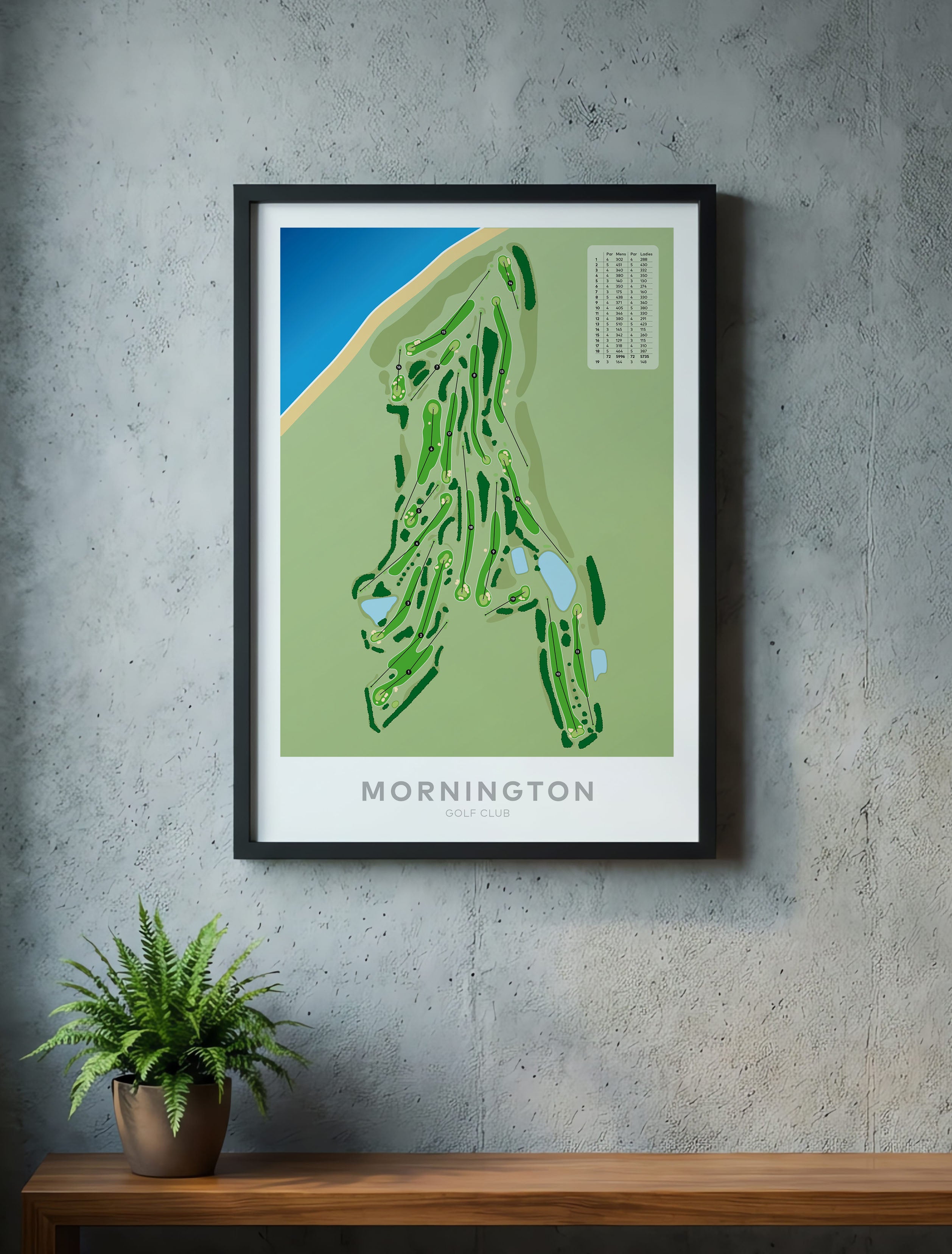Black framed minimalist fine art map of Mornington (VIC) Golf Course, Melbourne, Victoria, Australia-australia-golf-art