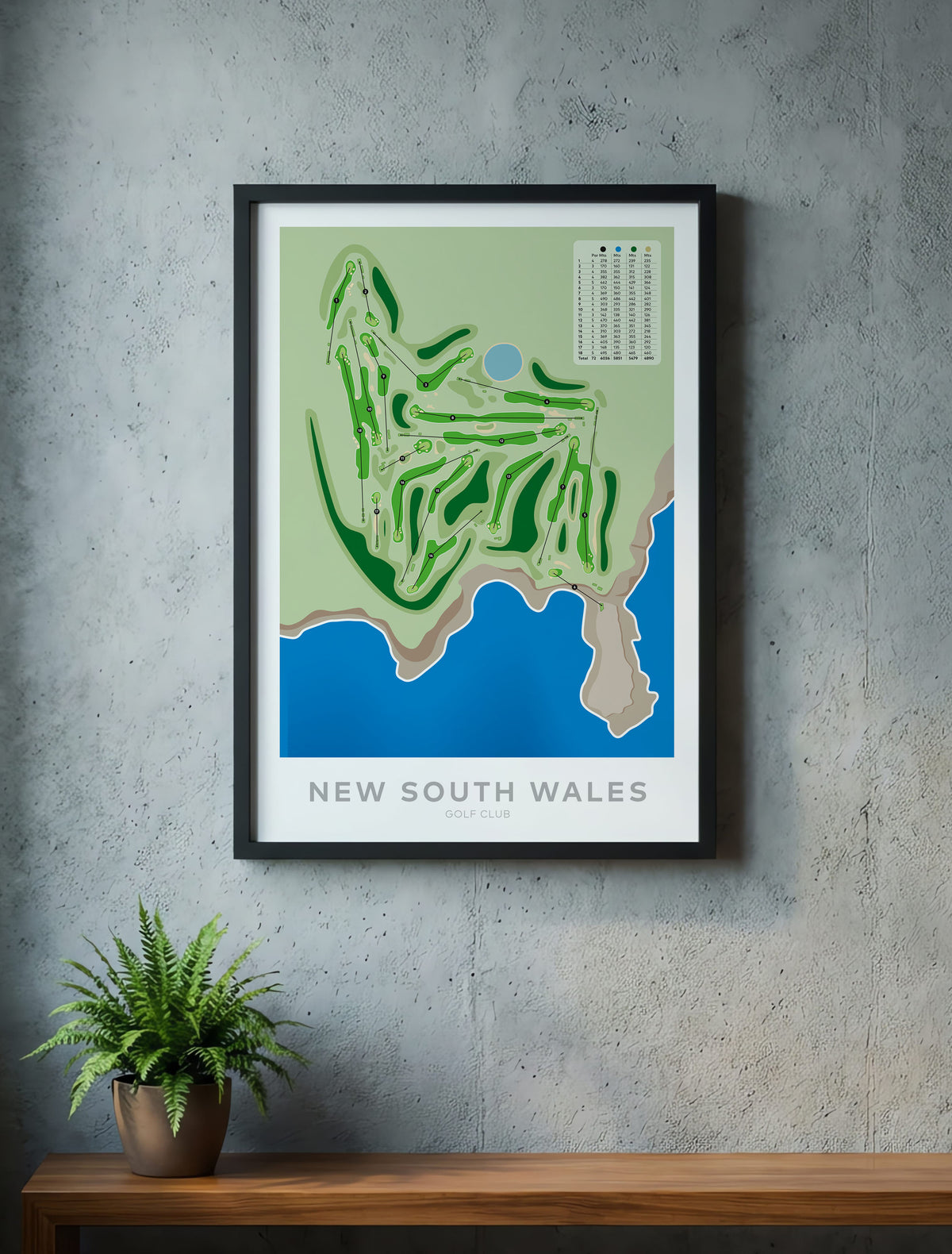 Black framed minimalist fine art map of New South Wales Golf Course, Sydney, NSW, Australia