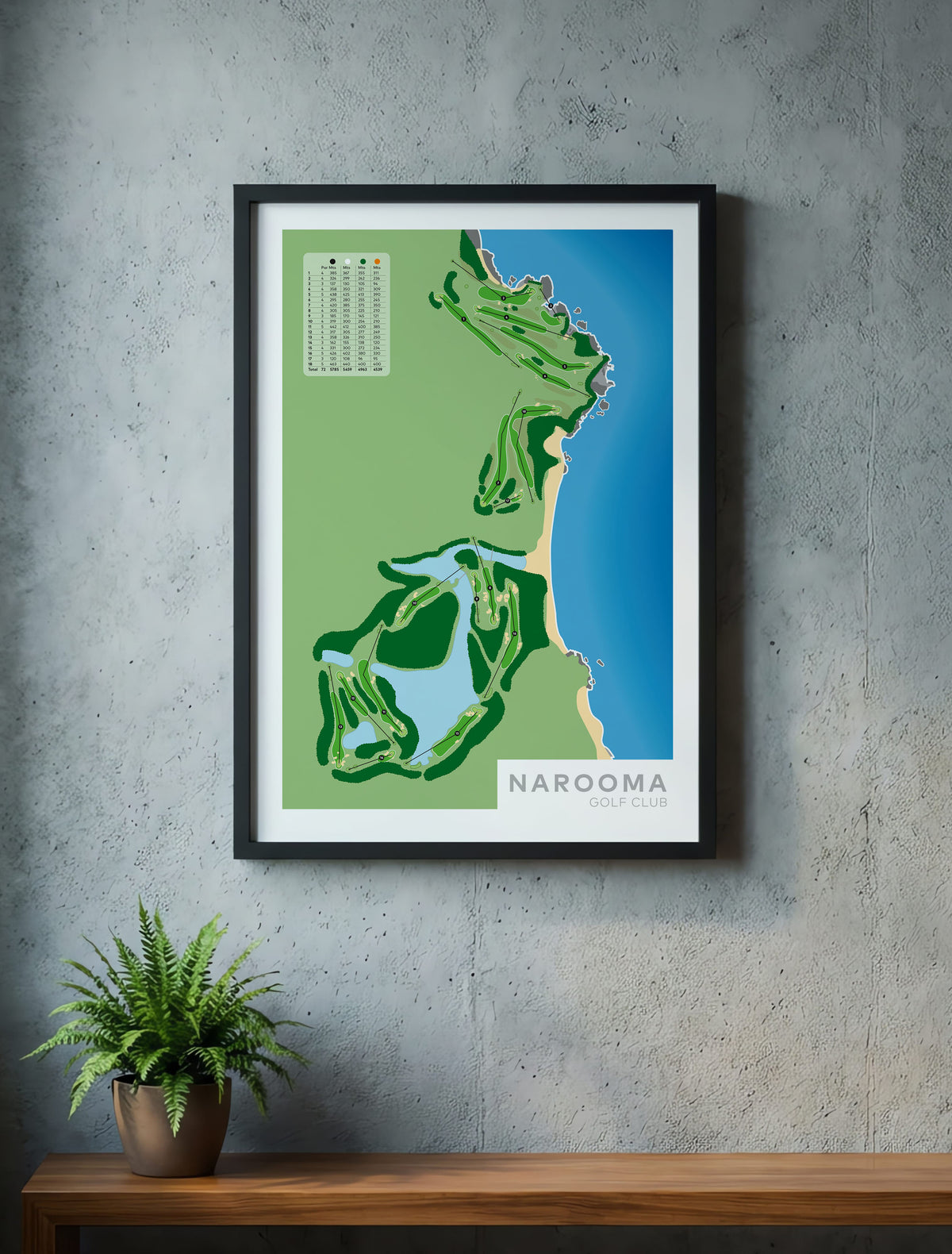 Black framed minimalist fine art map of Narooma Golf Course, Eurobodalla Shire, South Coast Region, Australia-australia-golf-art